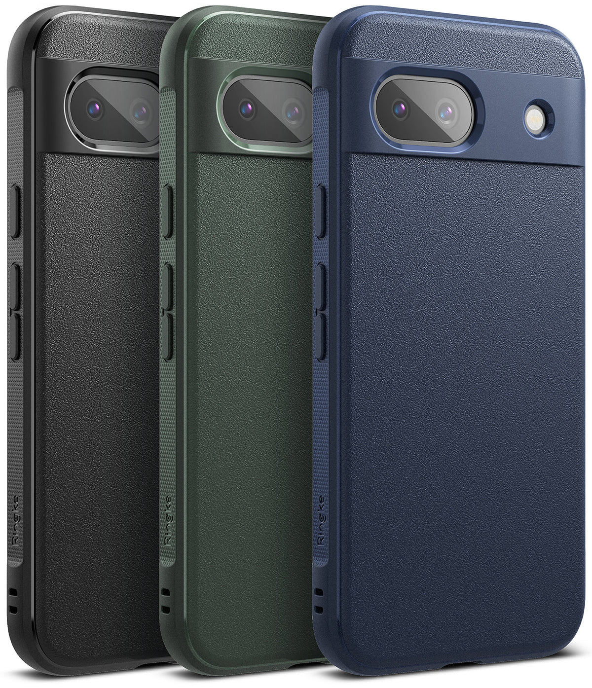 Google Pixel 8a Case | Onyx - Three textured phone cases in black, green, and blue, each with a camera cutout and side buttons.