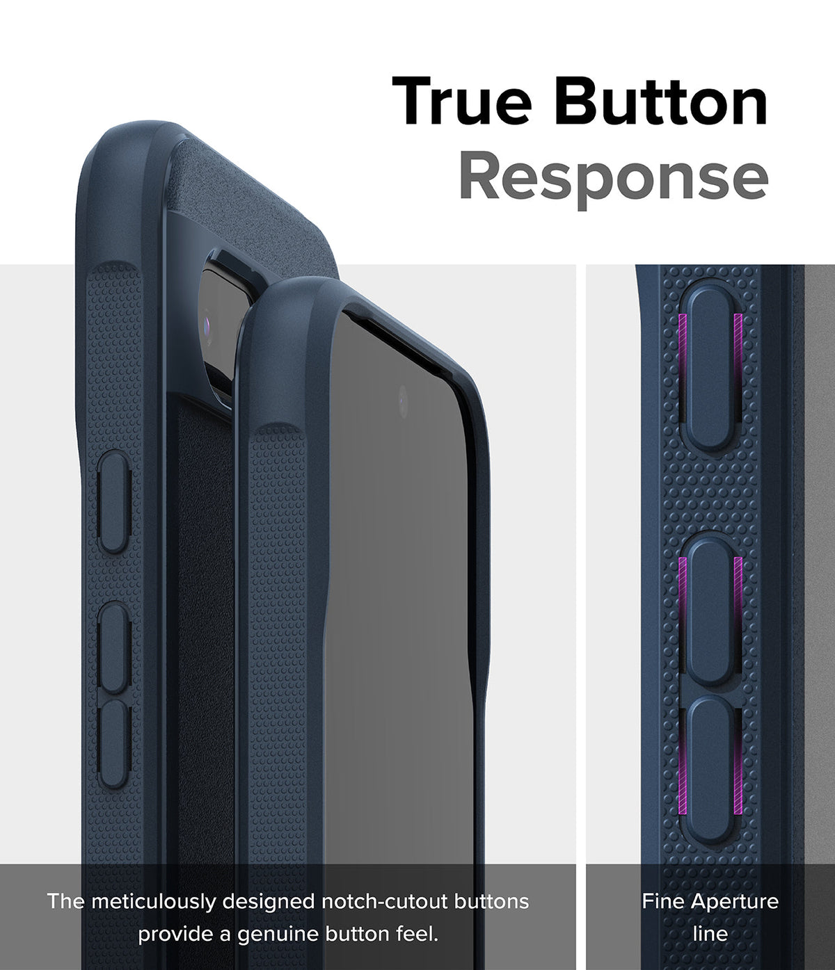Google Pixel 8a Case | Onyx - Close-up of an Onyx phone case showing tactile buttons and precise cutouts for responsiveness.