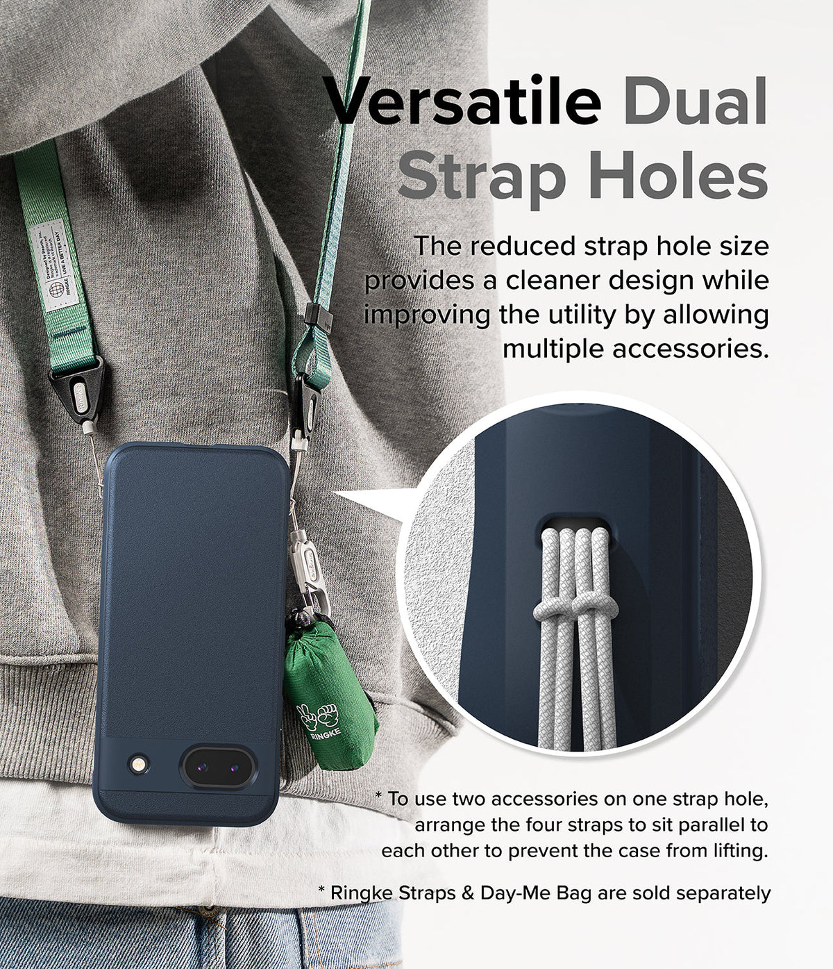 Google Pixel 8a Case | Onyx - Navy phone case with dual strap holes holding a green lanyard and small accessory bag.