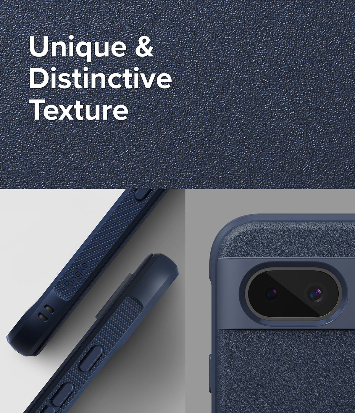 Google Pixel 8a Case | Onyx - Close-up of navy blue textured phone case showing side buttons and camera bar details.