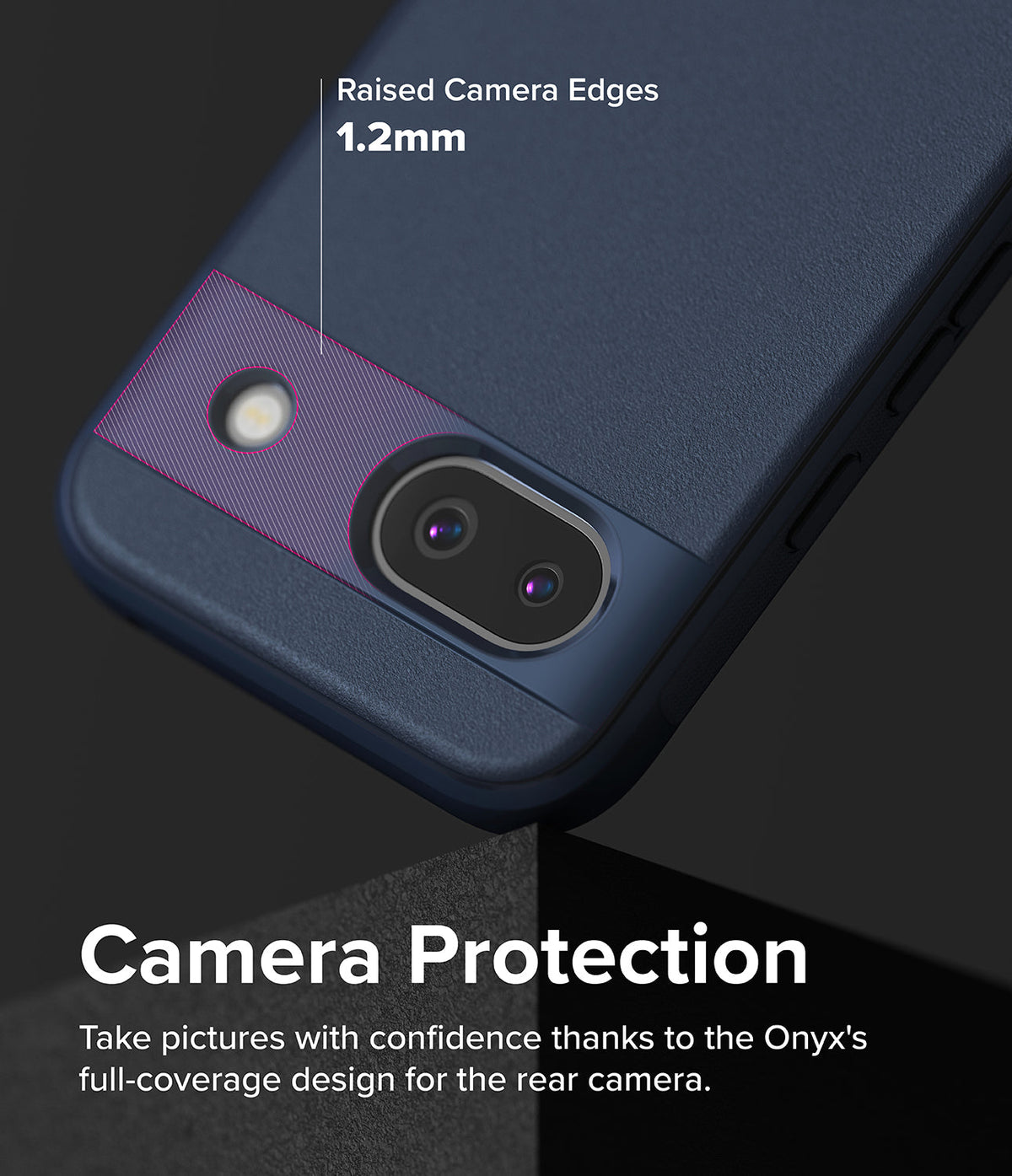 Google Pixel 8a Case | Onyx - Close-up of dark blue phone case highlighting 1.2mm raised edges around the rear camera lenses.