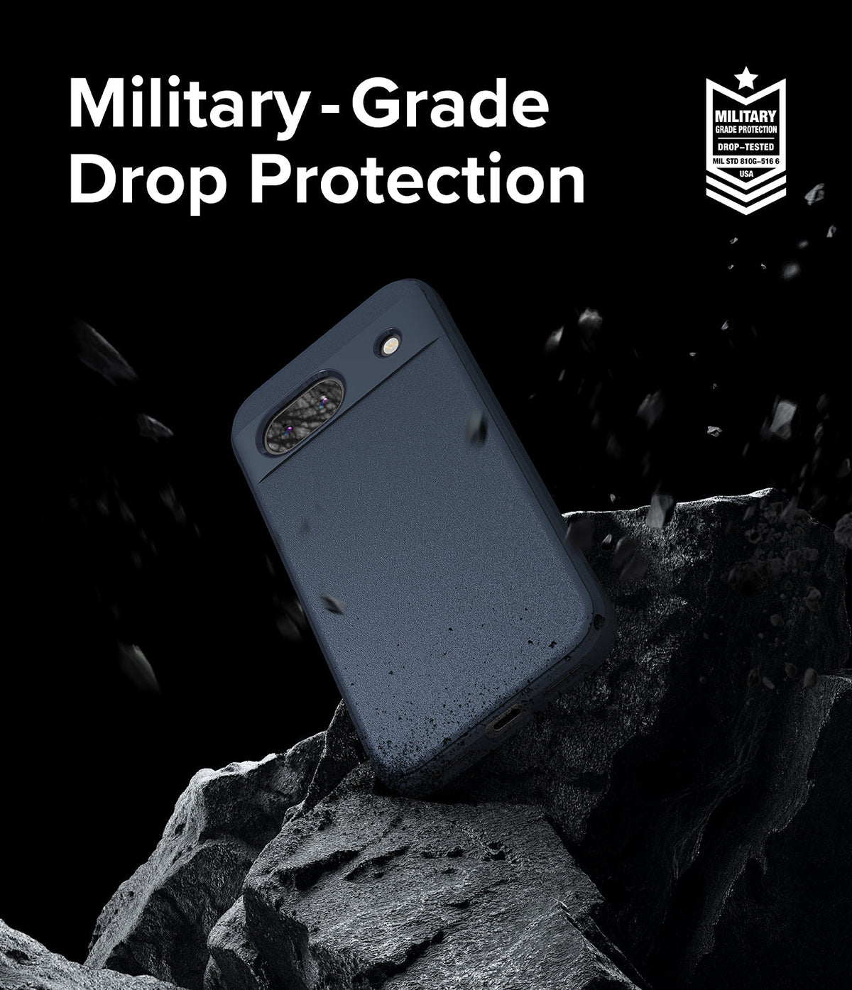 Google Pixel 8a Case | Onyx - Onyx phone case floating above jagged rocks with military-grade drop protection text and badge.