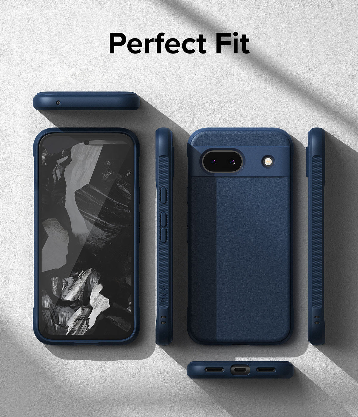 Google Pixel 8a Case | Onyx - Multiple views of a navy blue phone case showing front, back, and side profiles on a gray background.