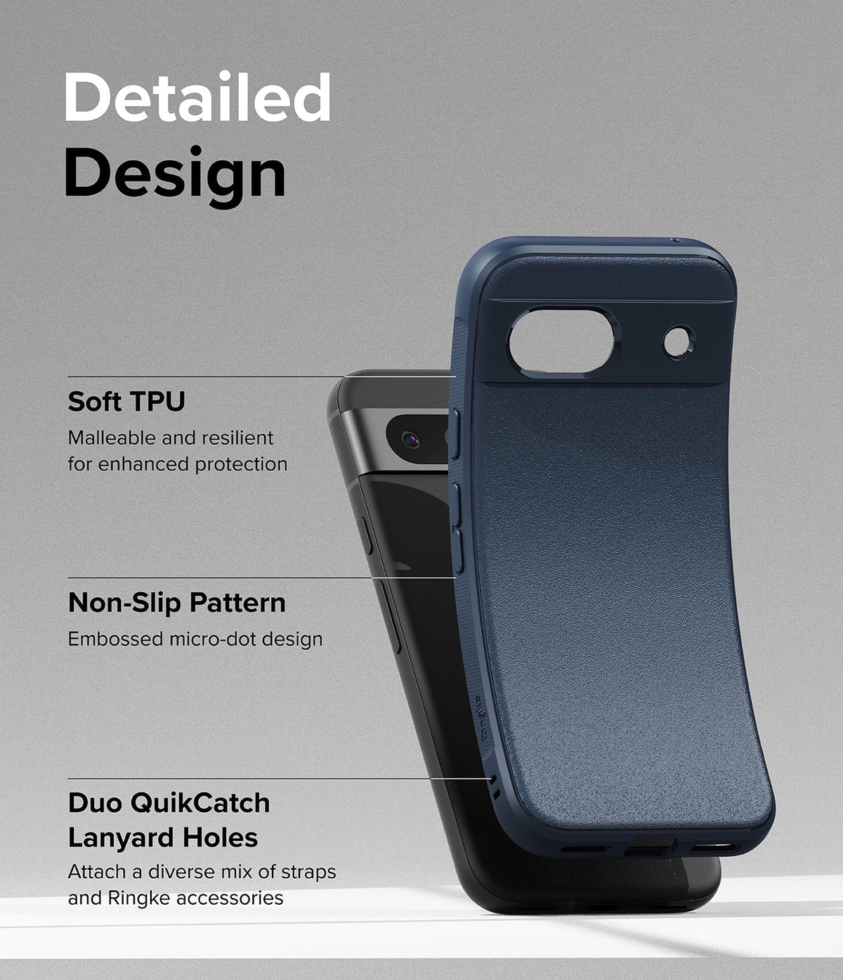 Google Pixel 8a Case | Onyx - A navy blue phone case showing TPU material, non-slip texture, and lanyard holes.