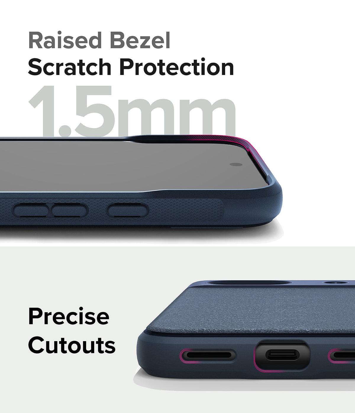 Google Pixel 8a Case | Onyx - Close-up of phone case showing 1.5mm raised bezel for screen protection and precise port cutouts.