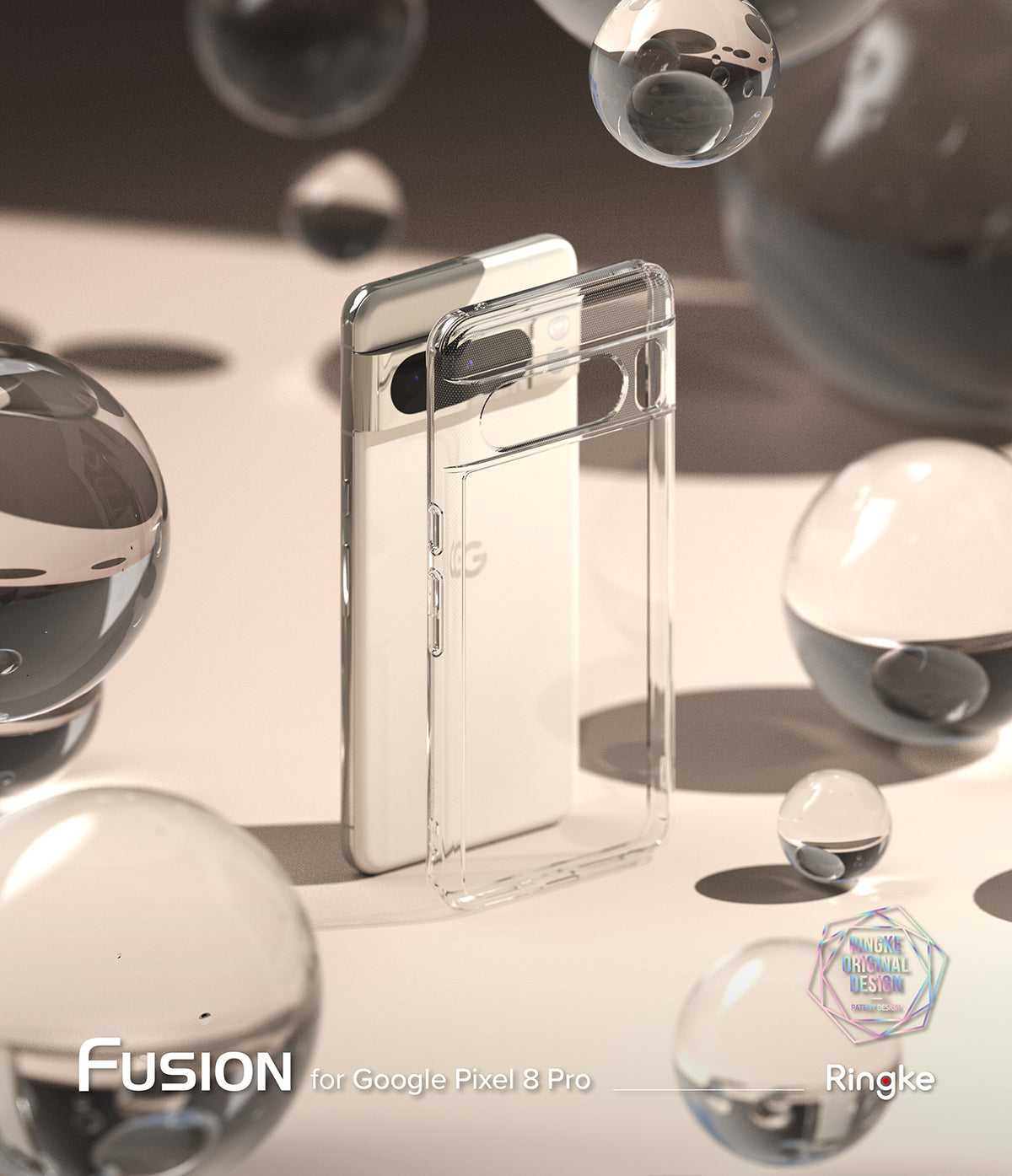 Google Pixel 8 Pro Case | Fusion - Clear protective phone case standing next to a white Pixel 8 Pro amidst glass spheres.