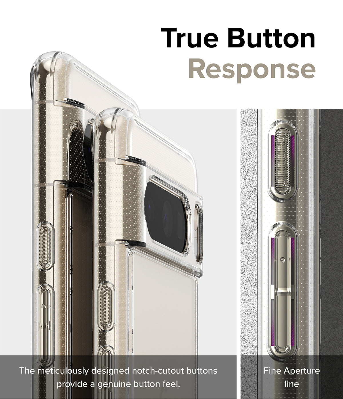 Google Pixel 8 Pro Case | Fusion - Clear phone case showing detailed button cutouts and fine aperture lines for tactile feel.