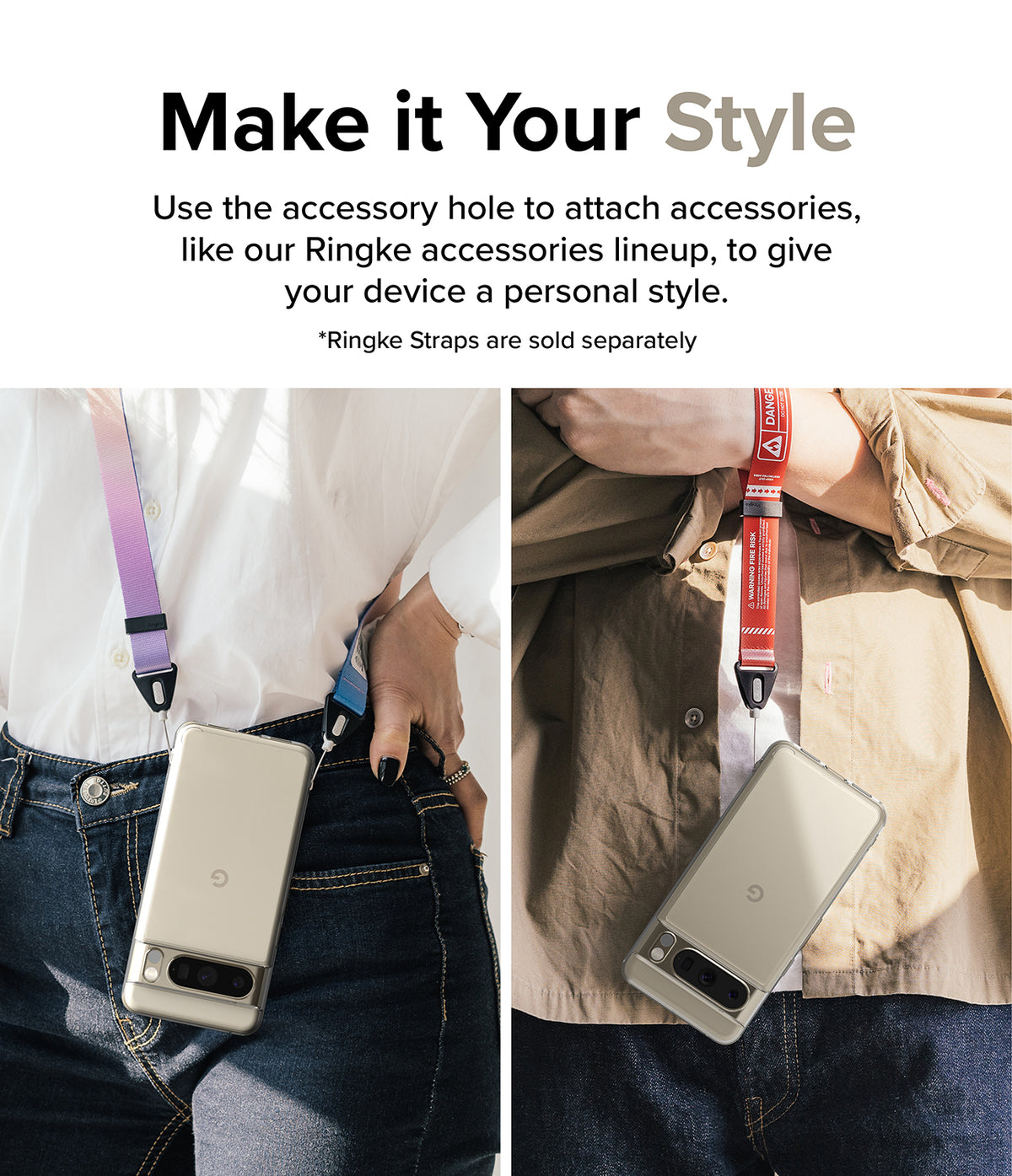 Google Pixel 8 Pro Case | Fusion - Two people wearing phones in clear cases around their necks using colorful lanyards.
