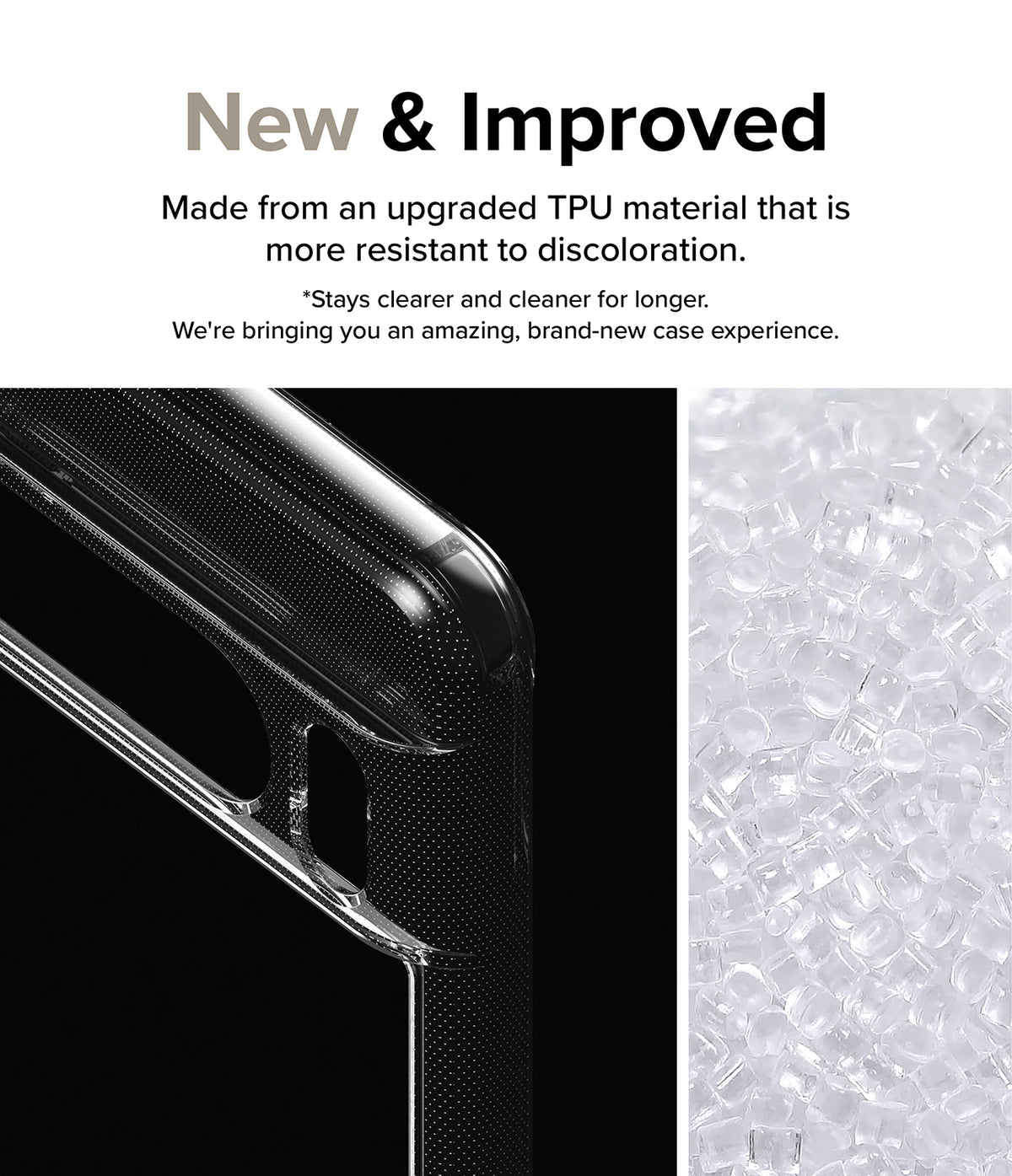 Google Pixel 8 Pro Case | Fusion - Clear phone case corner with dot pattern next to a pile of raw TPU plastic pellets.