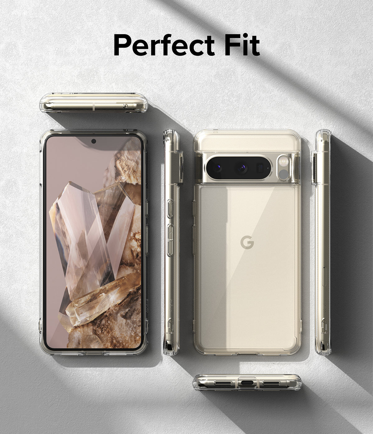 Google Pixel 8 Pro Case | Fusion - Clear phone case shown from multiple angles on a light gray background.