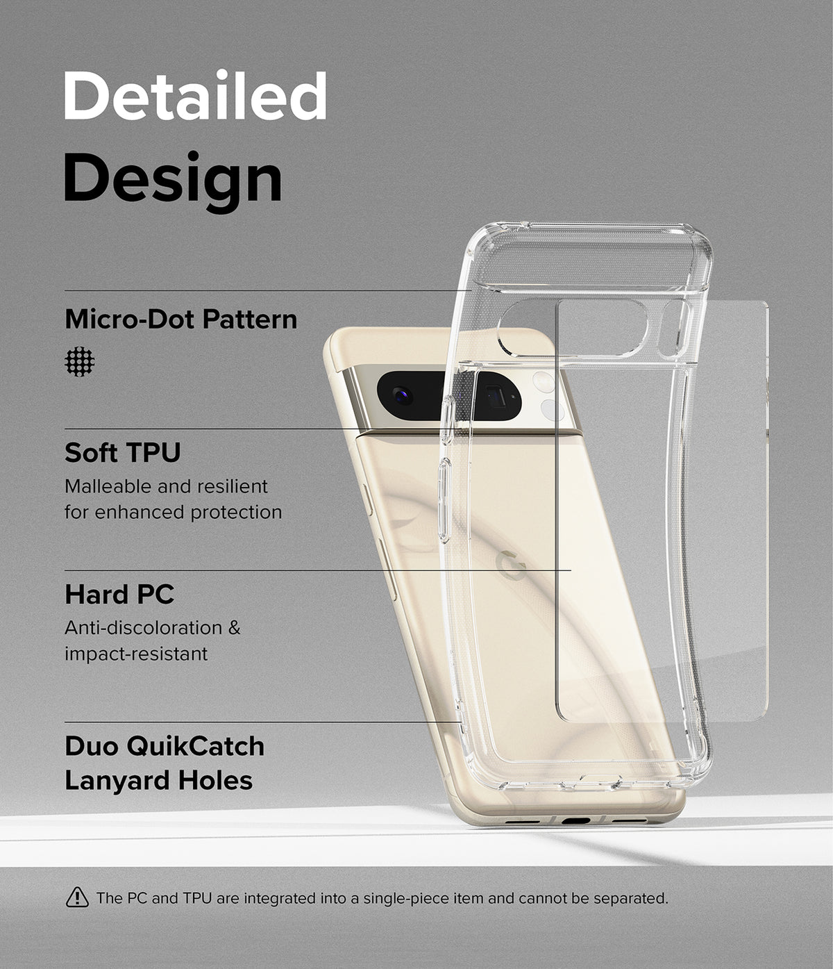 Google Pixel 8 Pro Case | Fusion - Clear phone case features, highlighting micro-dot pattern, TPU, PC, and lanyard holes.