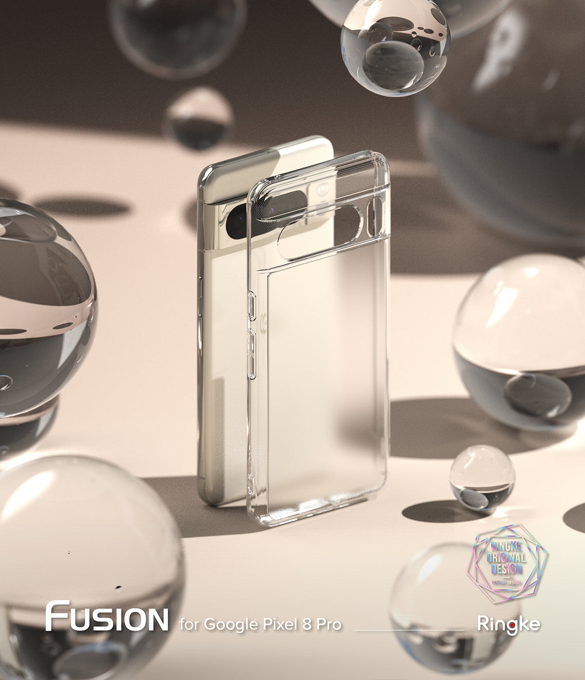 Google Pixel 8 Pro Case | Fusion Matte - A clear, matte phone case standing in front of a Pixel 8 Pro amidst floating glass spheres.