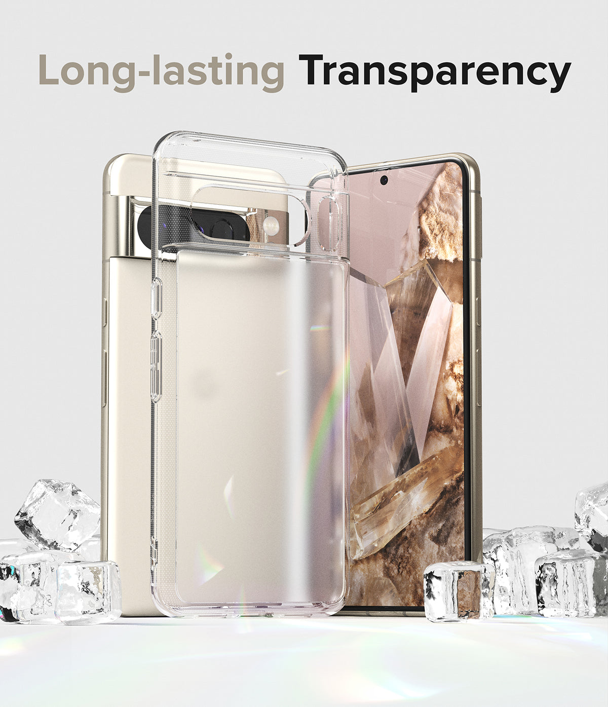 Google Pixel 8 Pro Case | Fusion Matte - Clear phone case floating in front of a gold Pixel 8 Pro surrounded by ice.