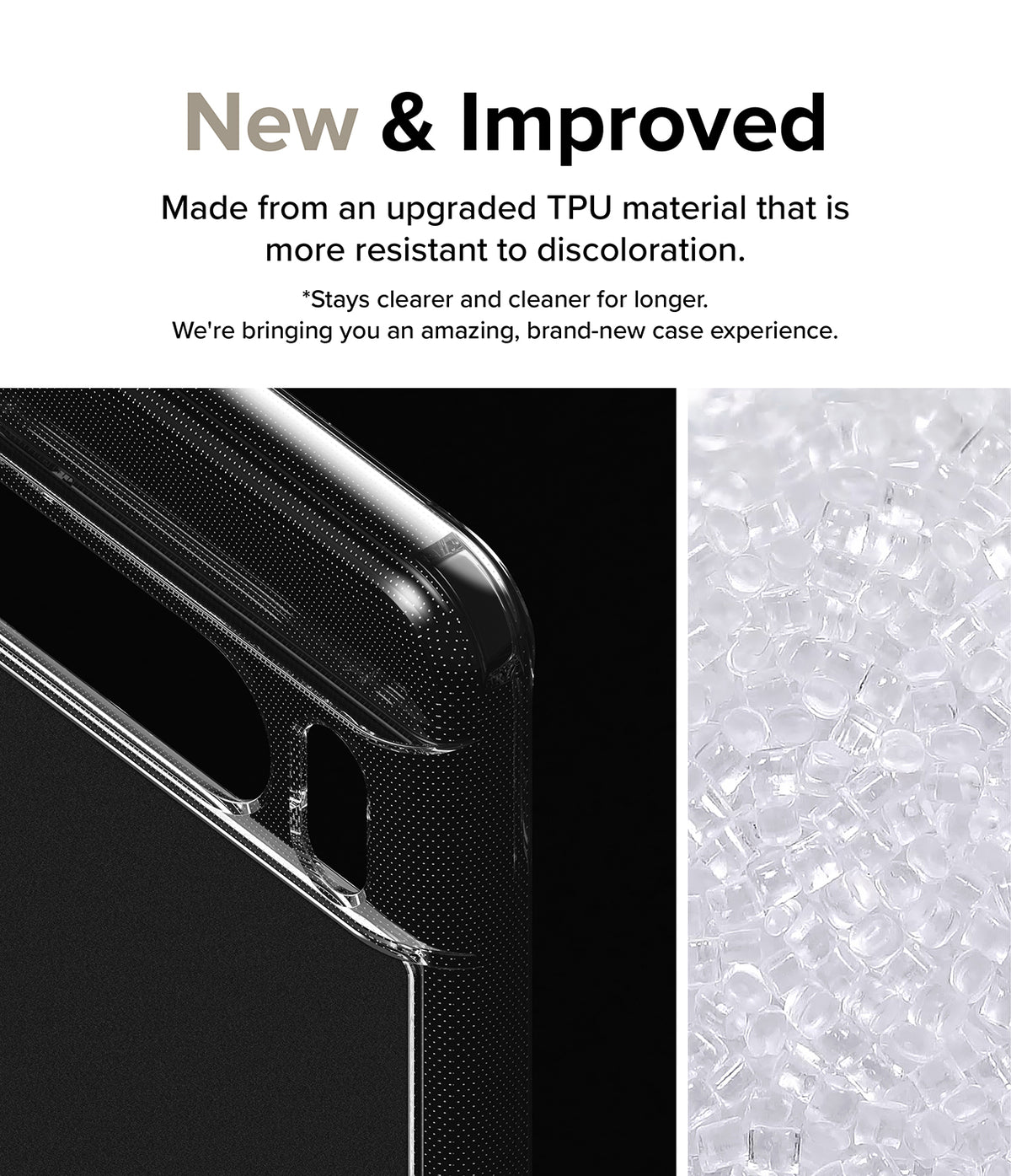 Google Pixel 8 Pro Case | Fusion Matte - Clear phone case corner with dot texture next to raw TPU material pellets.