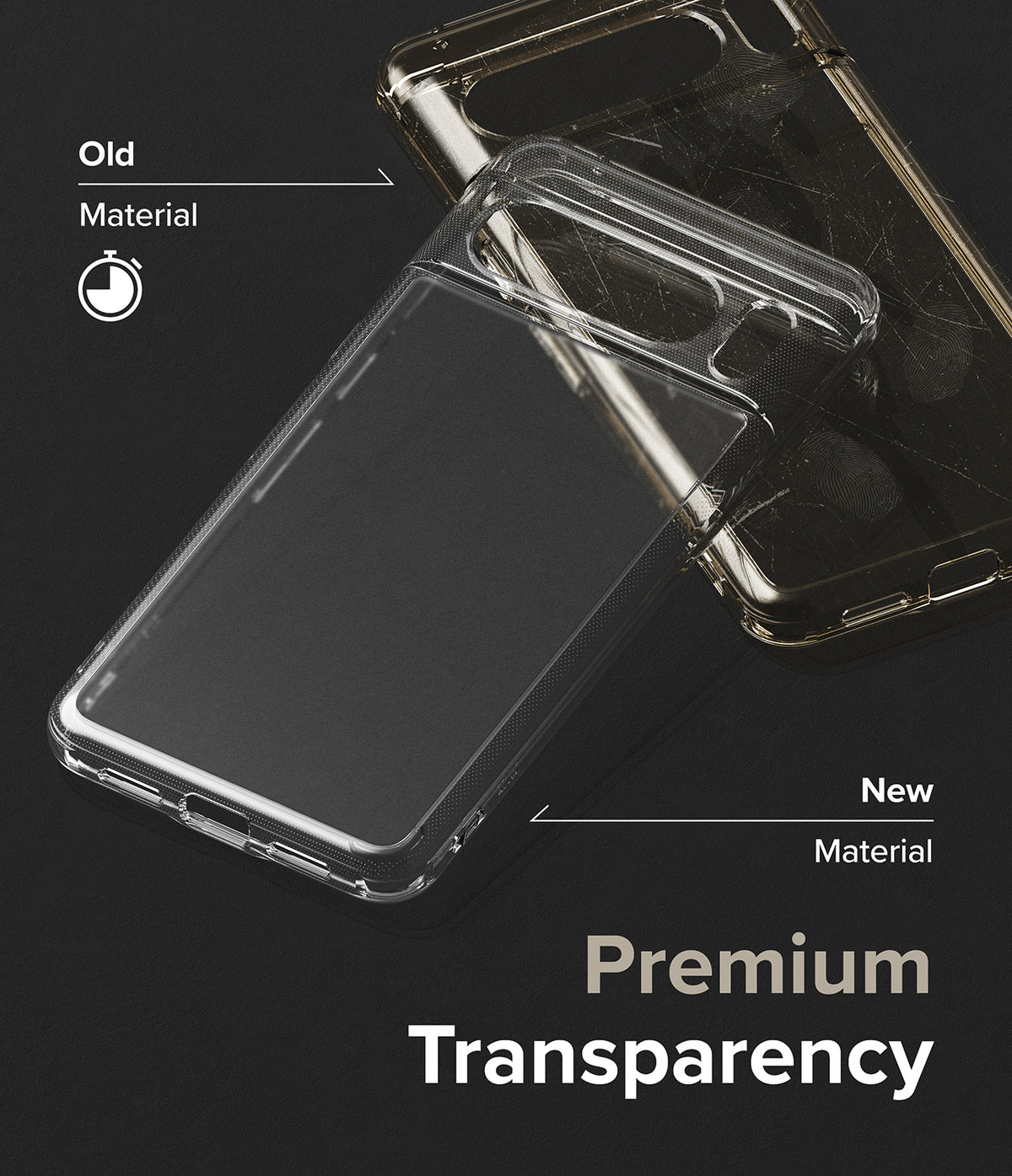 Google Pixel 8 Pro Case | Fusion Matte - Comparison of a scratched old case and a clear new case with text Premium Transparency.