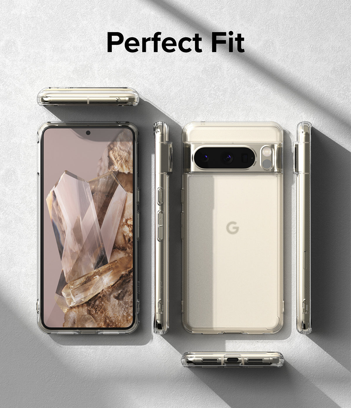 Google Pixel 8 Pro Case | Fusion Matte - Multiple views of a clear phone case on a Pixel 8 Pro against a gray background.