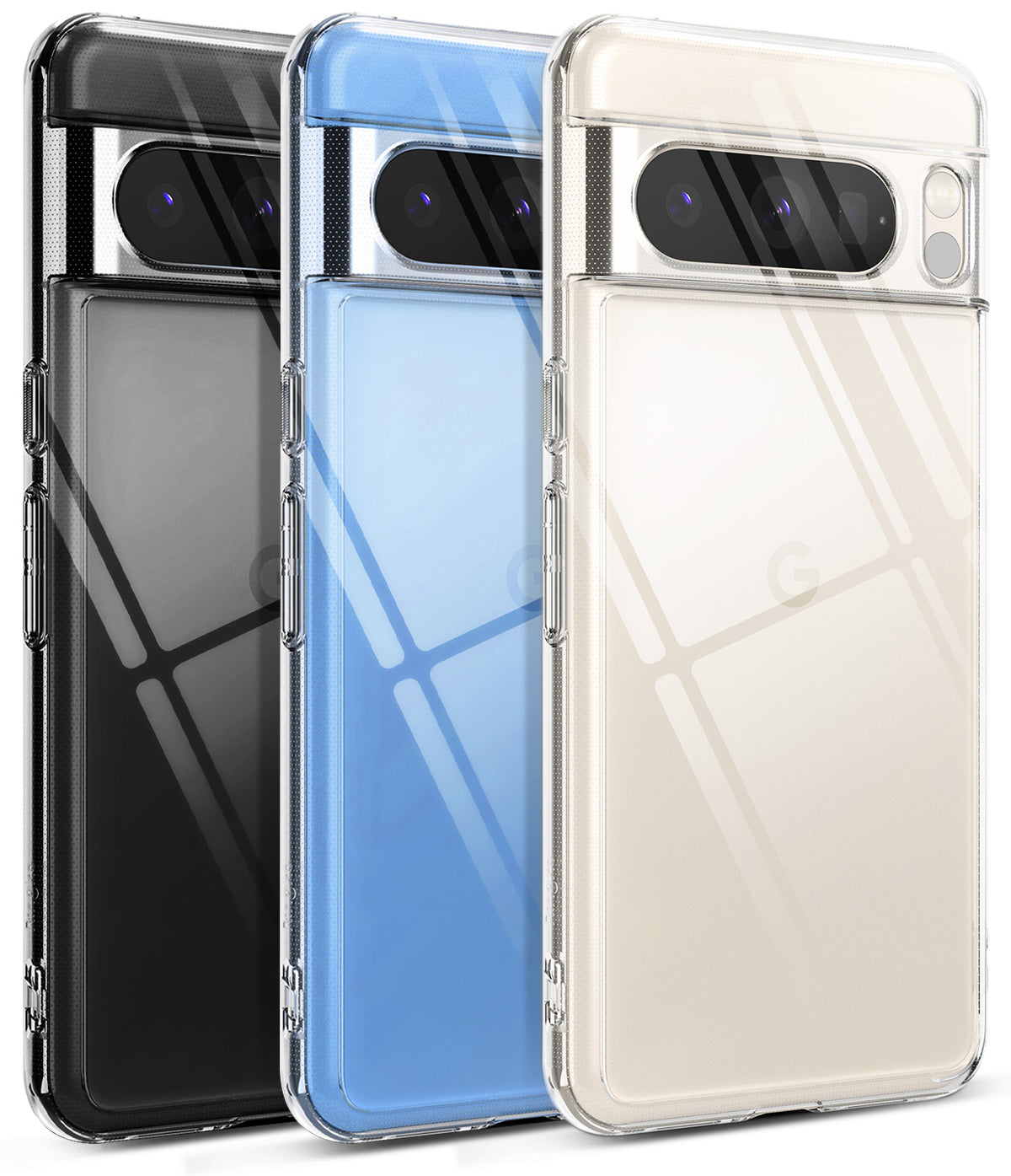 Google Pixel 8 Pro Case | Fusion - Three clear phone cases in black, blue, and beige displayed side-by-side.
