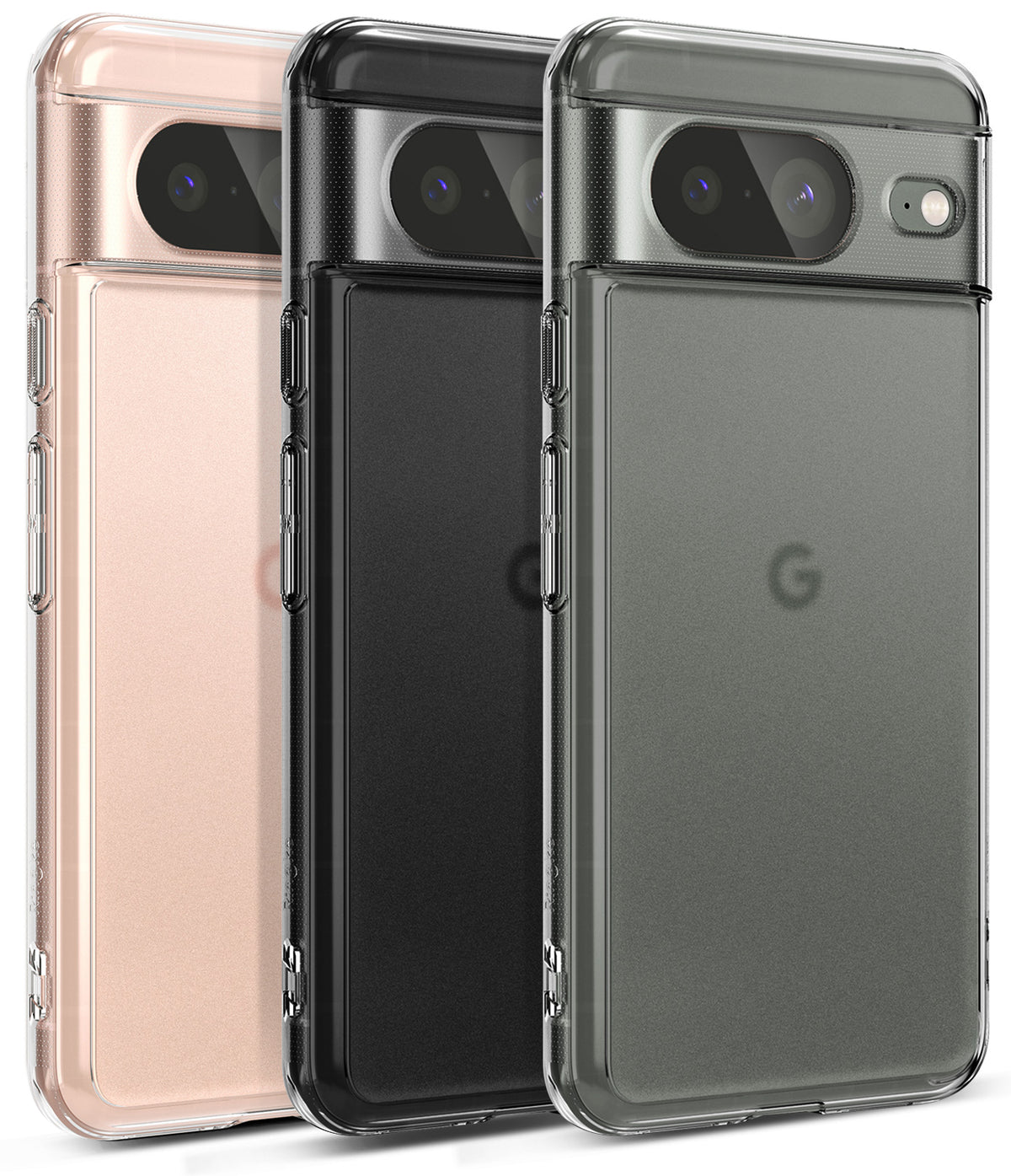 Google Pixel 8 Case | Fusion Matte - Three Google Pixel 8 phones in rose gold, black, and gray matte cases with clear edges.