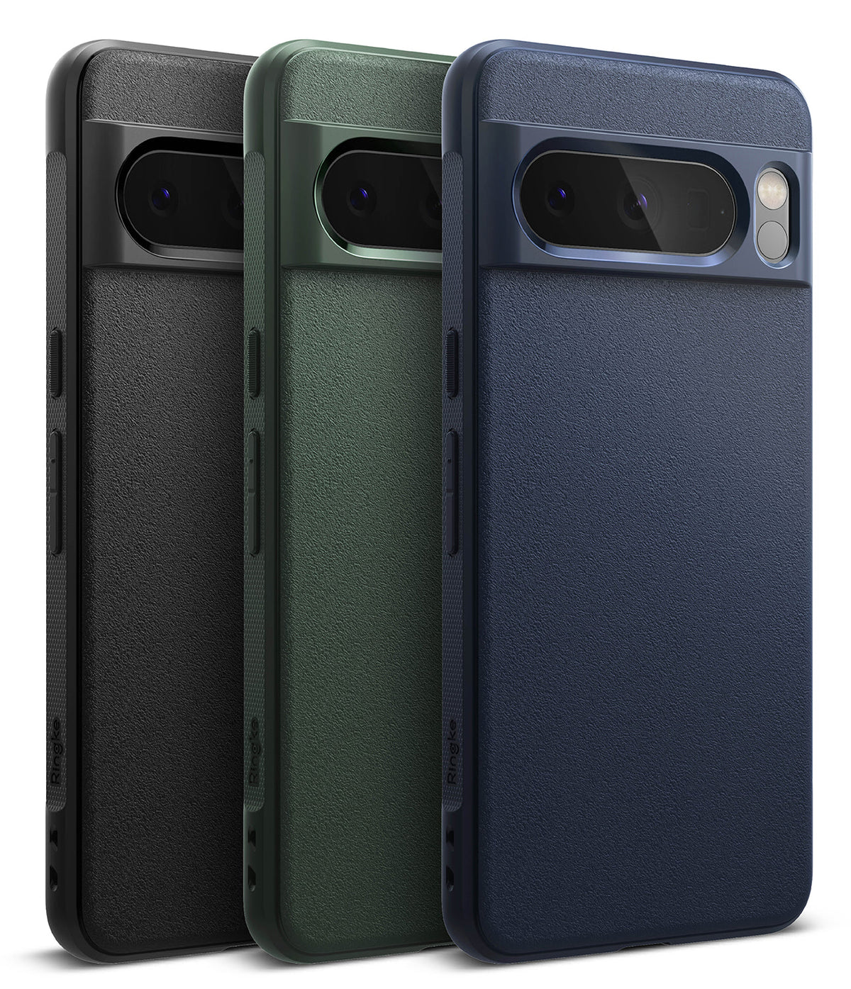 Google Pixel 8 Pro Case | Onyx - Three textured phone cases in black, green, and blue with camera bar cutouts.