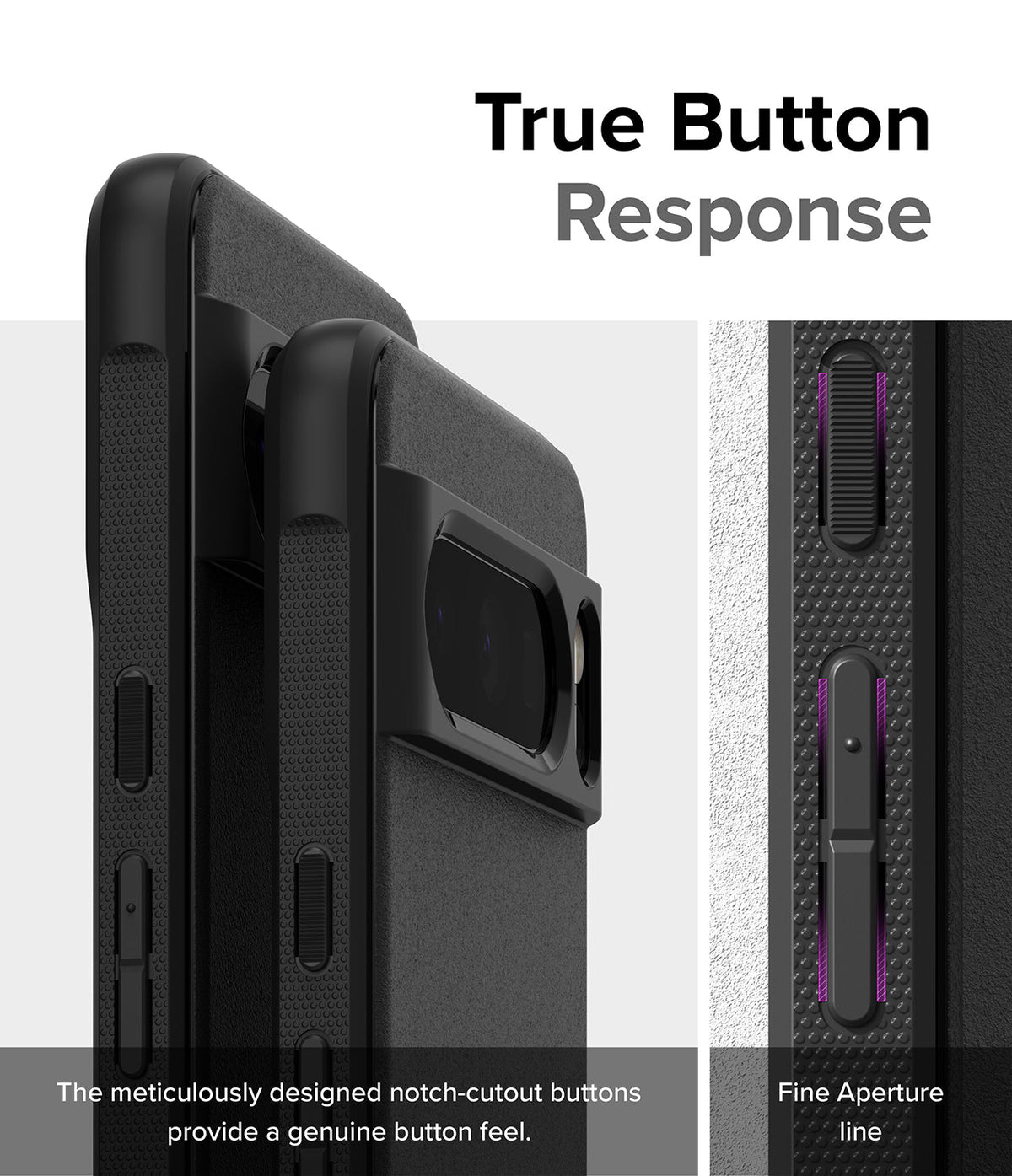 Google Pixel 8 Pro Case | Onyx - Close-up of black phone case buttons with notch-cutouts for tactile response.