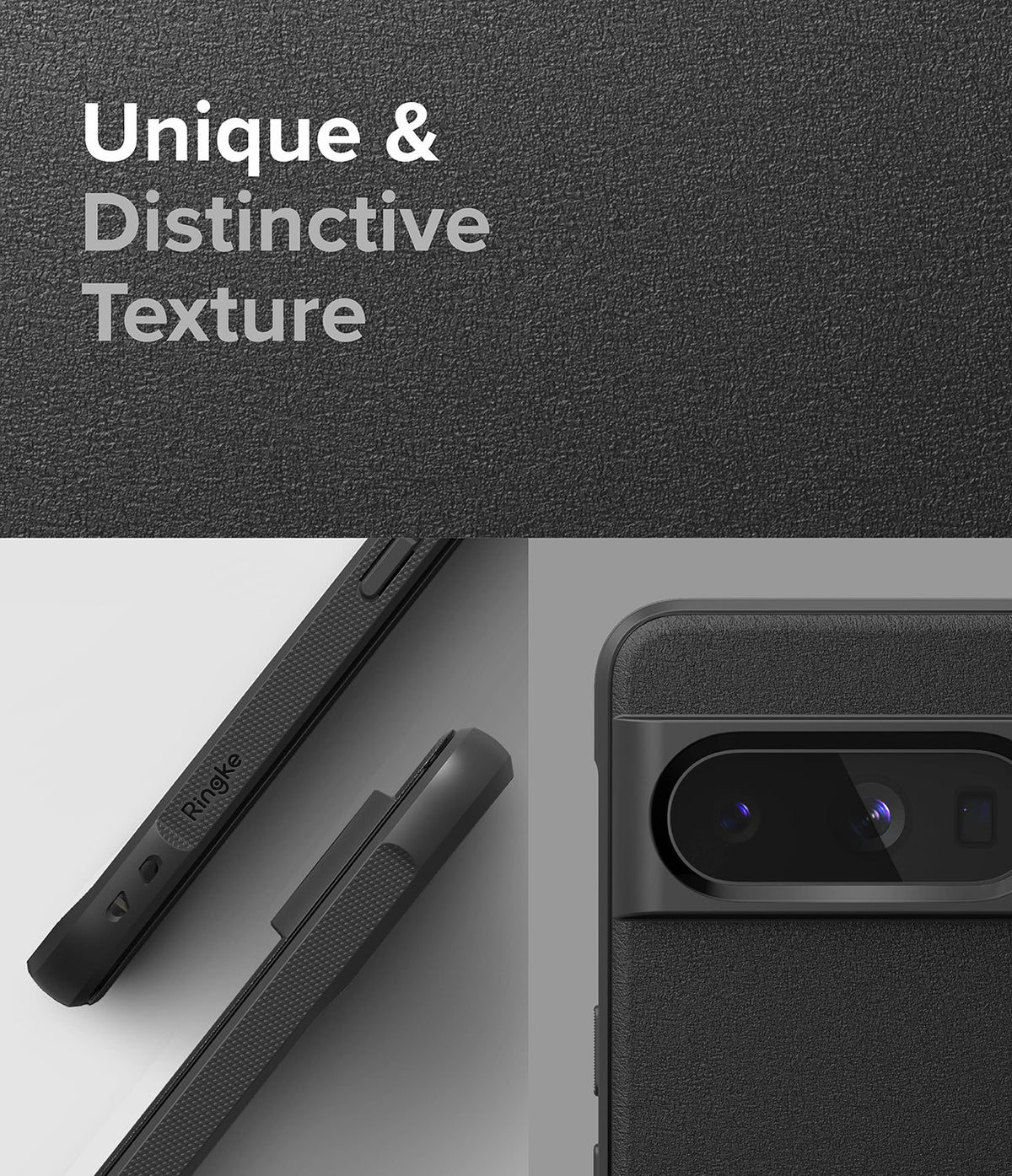 Google Pixel 8 Pro Case | Onyx - Close-up of a black textured phone case showing side buttons and the camera bar.