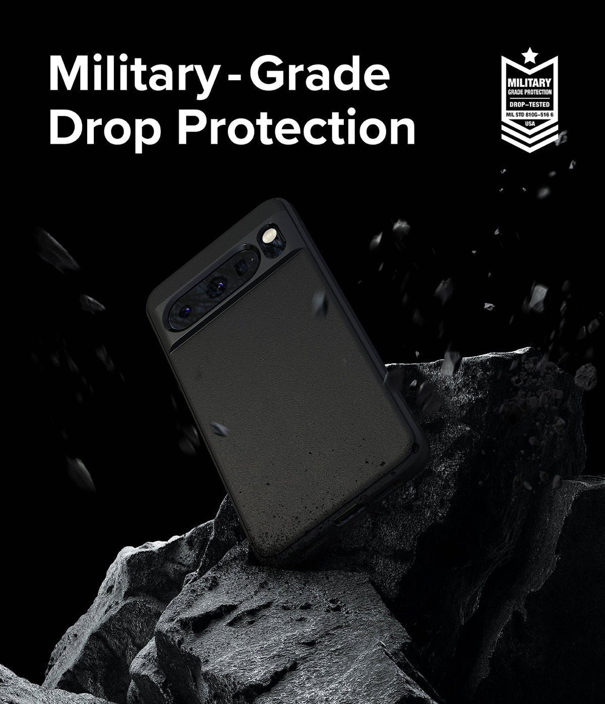 Google Pixel 8 Pro Case | Onyx - Black phone case floating above jagged rocks with military-grade drop protection text.