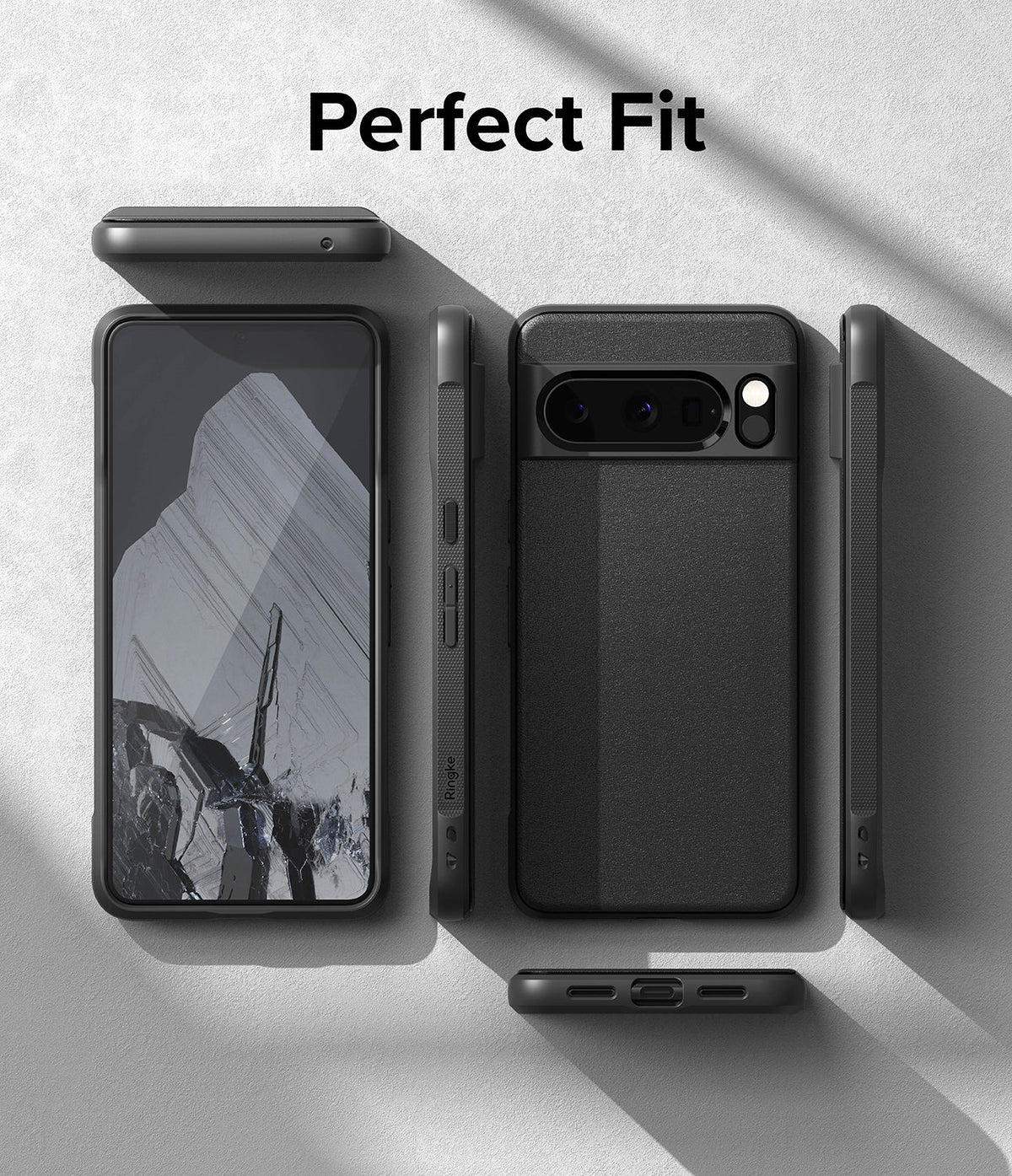 Google Pixel 8 Pro Case | Onyx - Multiple views of a black phone case showing front, back, and side profiles on a gray surface.