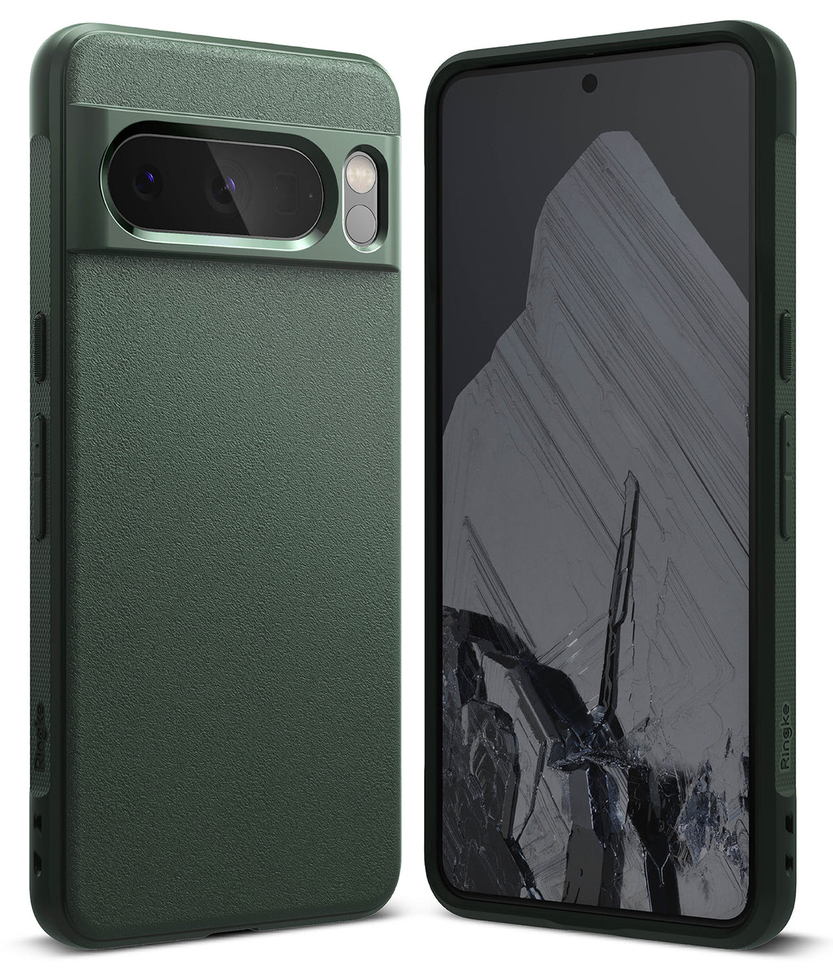 Google Pixel 8 Pro Case | Onyx - Dark green textured phone case shown from back and front angles on a white background.