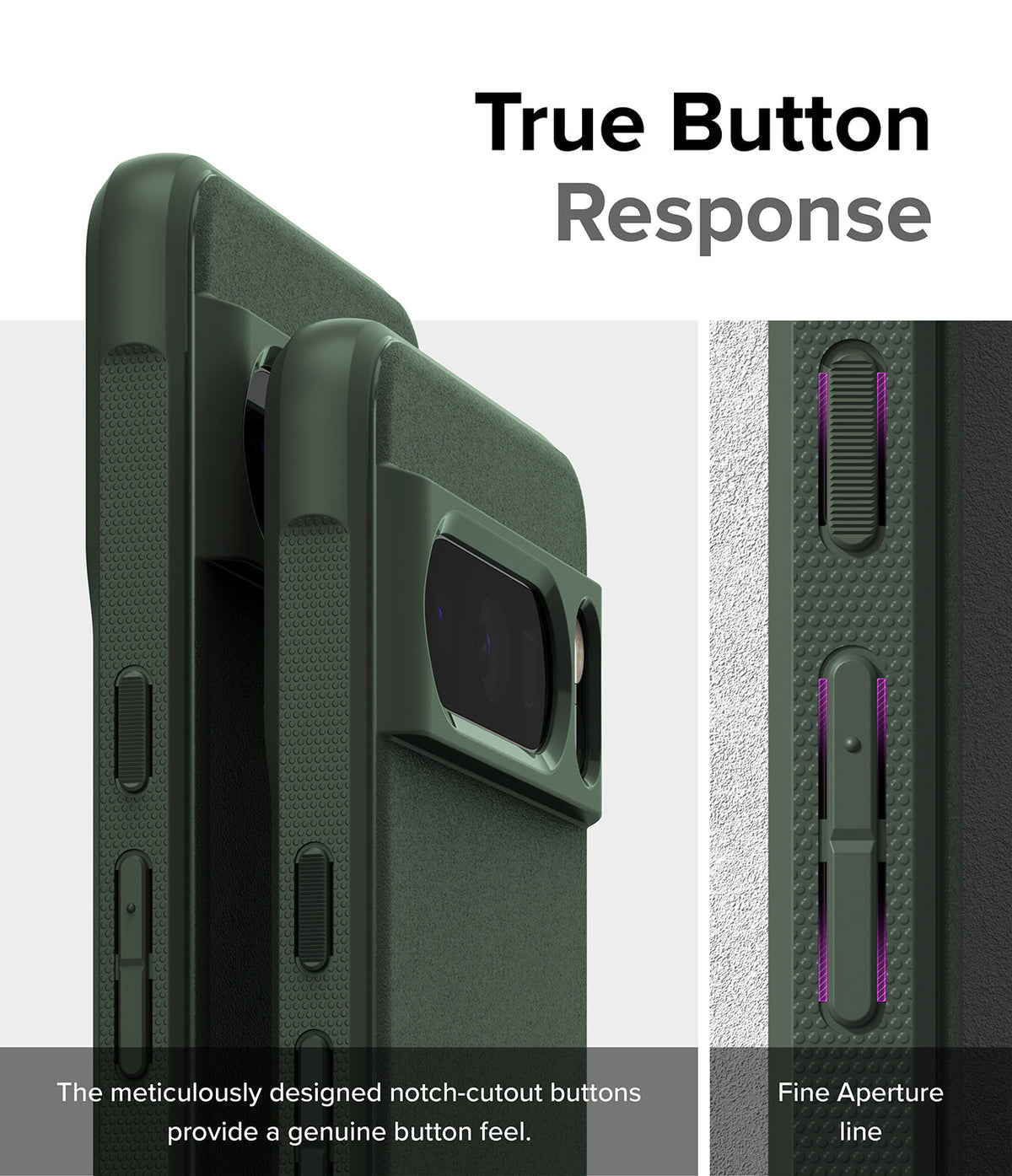 Google Pixel 8 Pro Case | Onyx - Close-up of green phone case buttons with notch-cutouts for tactile response.