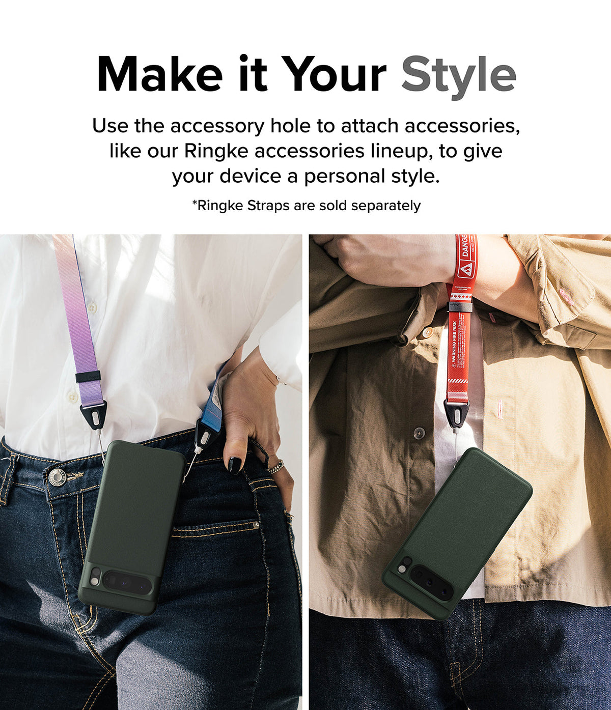 Google Pixel 8 Pro Case | Onyx - Two people wearing dark green phone cases on colorful lanyards around their necks.