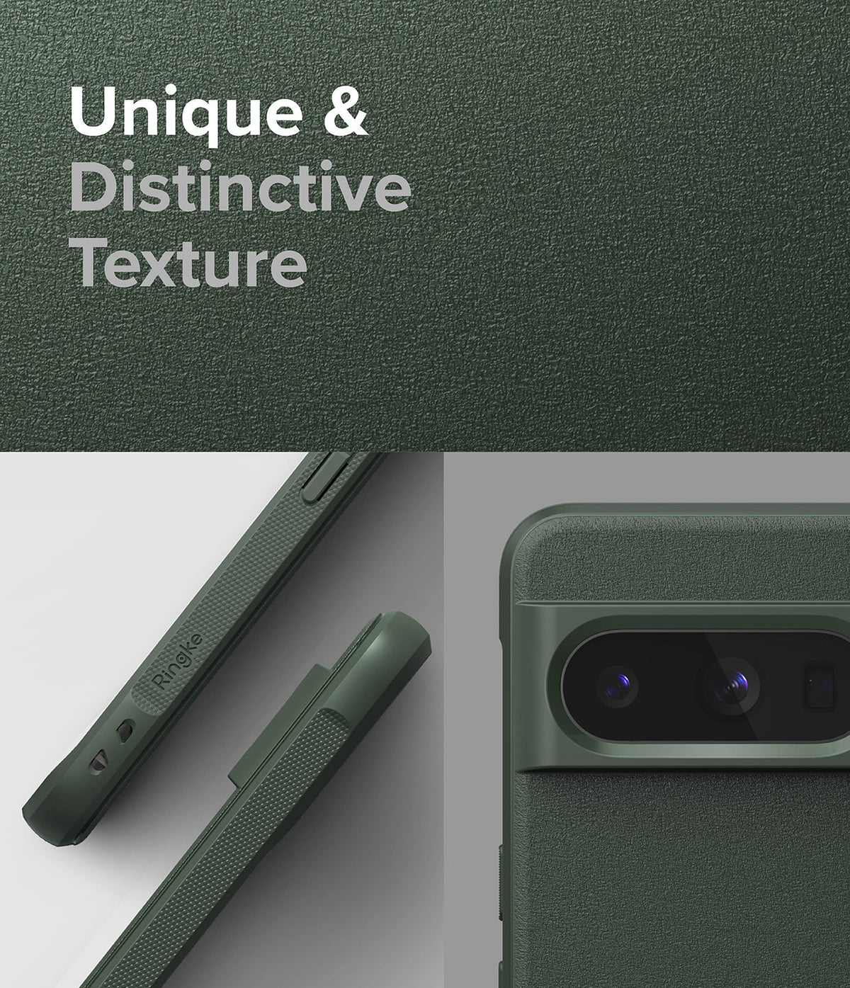 Google Pixel 8 Pro Case | Onyx - Close-up of dark green phone case with textured finish and camera bar detail.