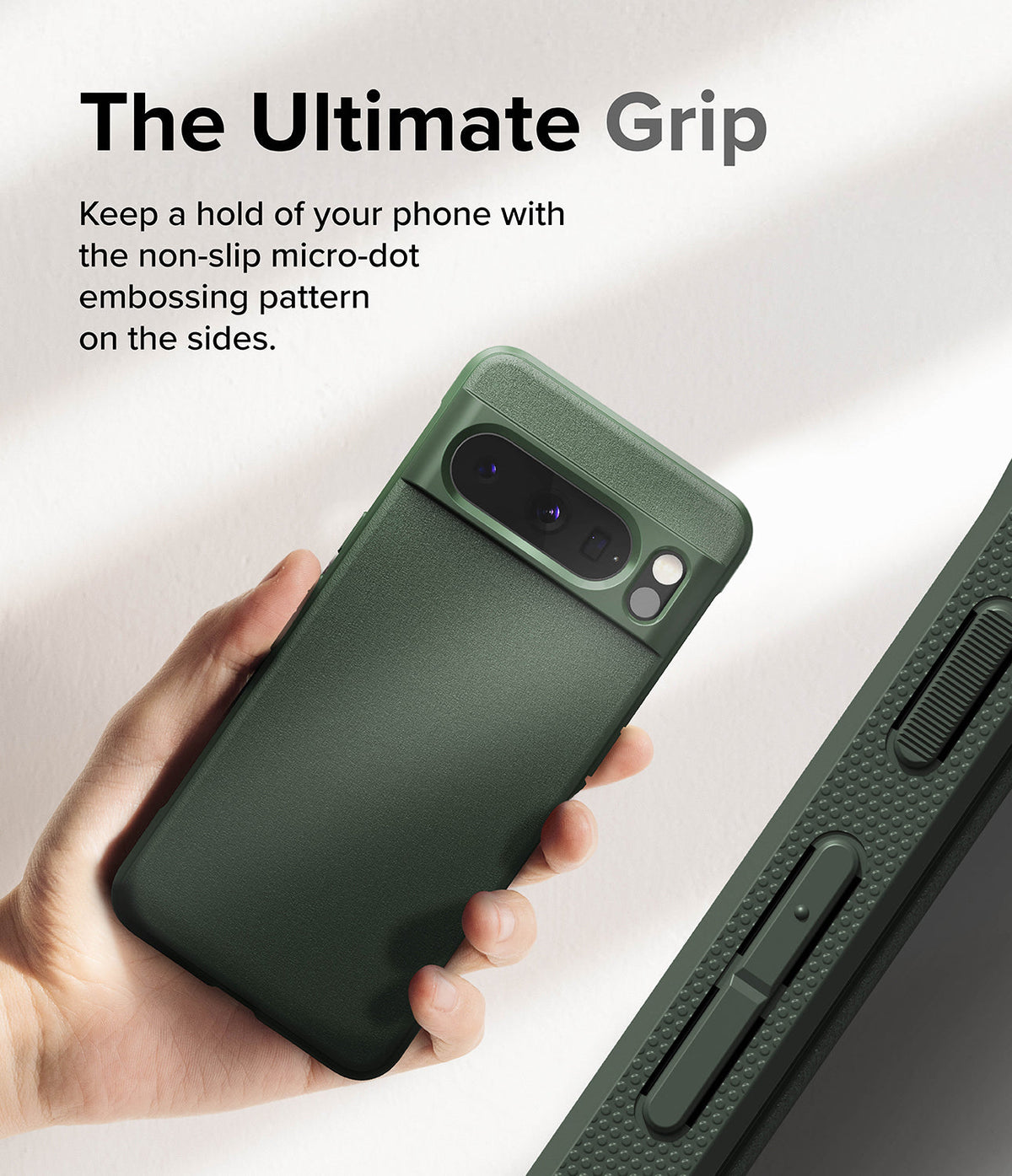 Google Pixel 8 Pro Case | Onyx - Hand holding a dark green phone case with a micro-dot textured grip on the side edges.