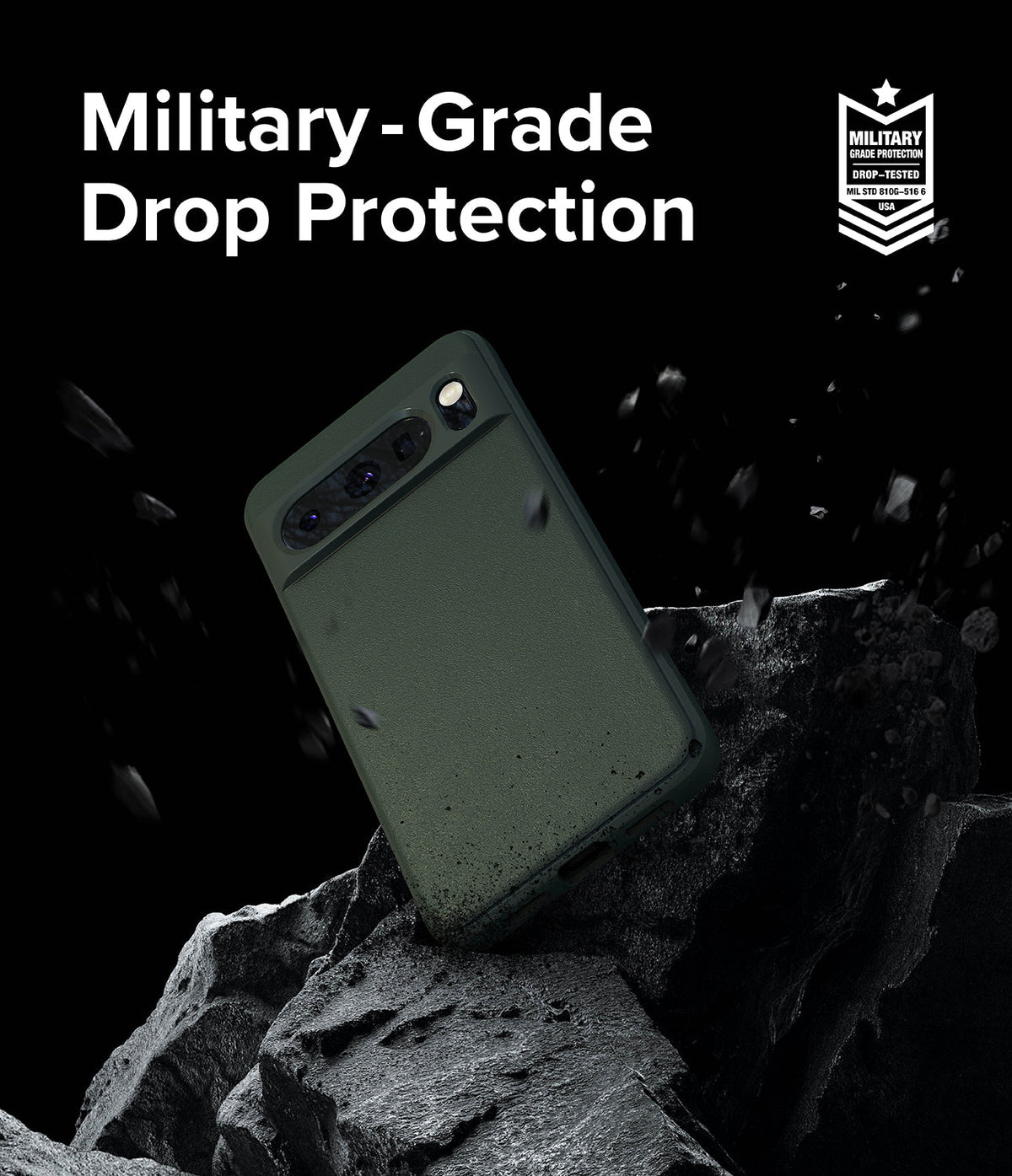 Google Pixel 8 Pro Case | Onyx - Onyx phone case floating above dark rocks with military-grade drop protection text and badge.