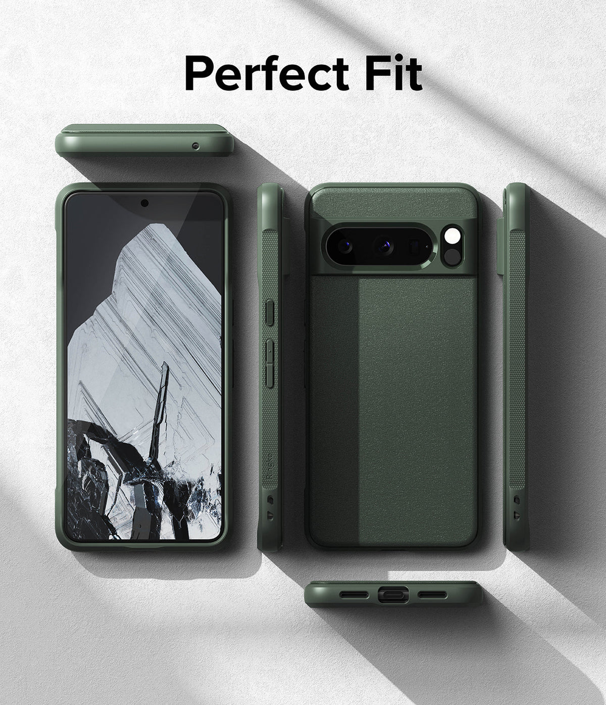 Google Pixel 8 Pro Case | Onyx - Multiple angles of a dark green phone case showing front, back, and side profiles.