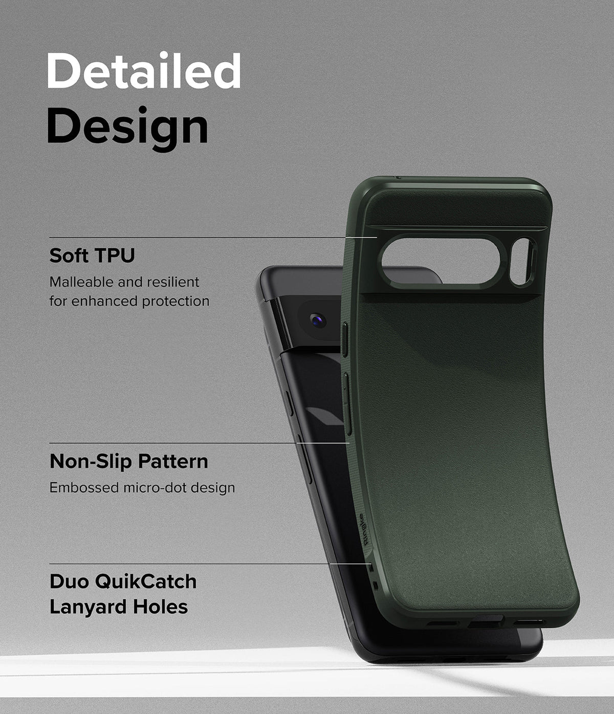 Google Pixel 8 Pro Case | Onyx - Dark green flexible phone case highlighting TPU material, micro-dot texture, and lanyard holes.