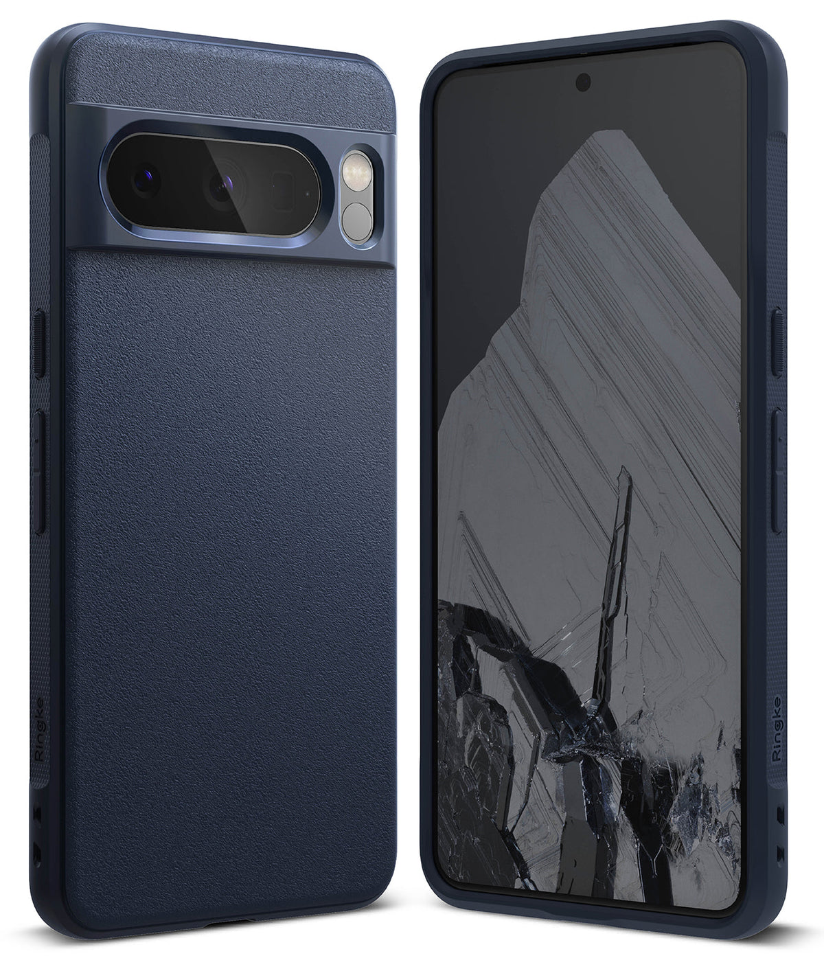 Google Pixel 8 Pro Case | Onyx - Navy blue textured protective case shown from the back and front on a smartphone.