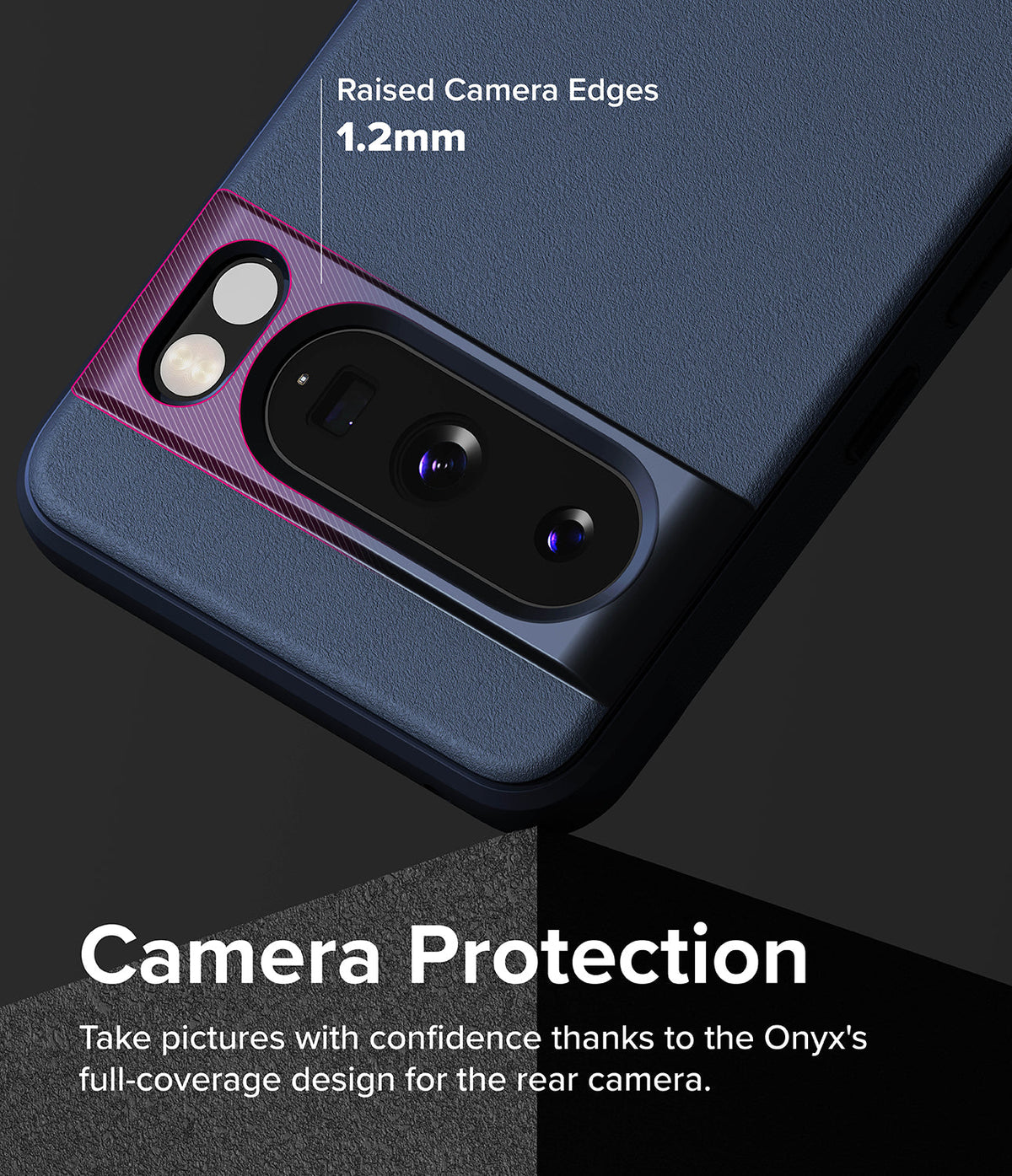 Google Pixel 8 Pro Case | Onyx - Close-up of phone case highlighting 1.2mm raised camera edges for lens protection.