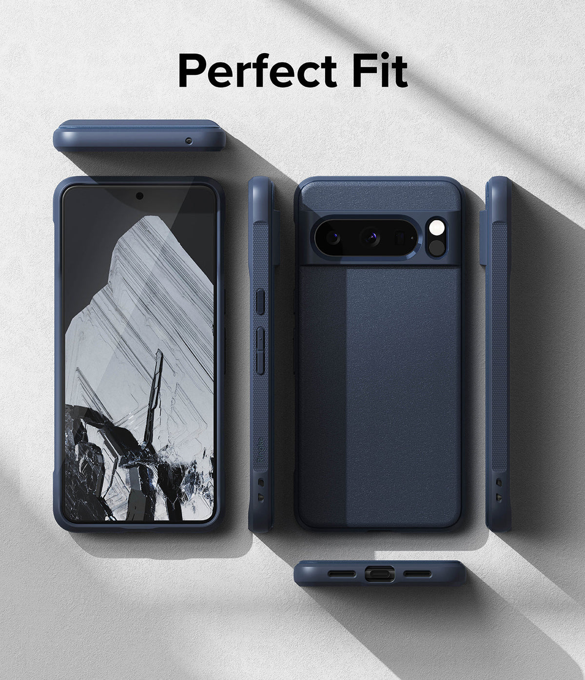 Google Pixel 8 Pro Case | Onyx - Multiple views of a dark blue phone case showing front, back, and side profiles on a gray background.