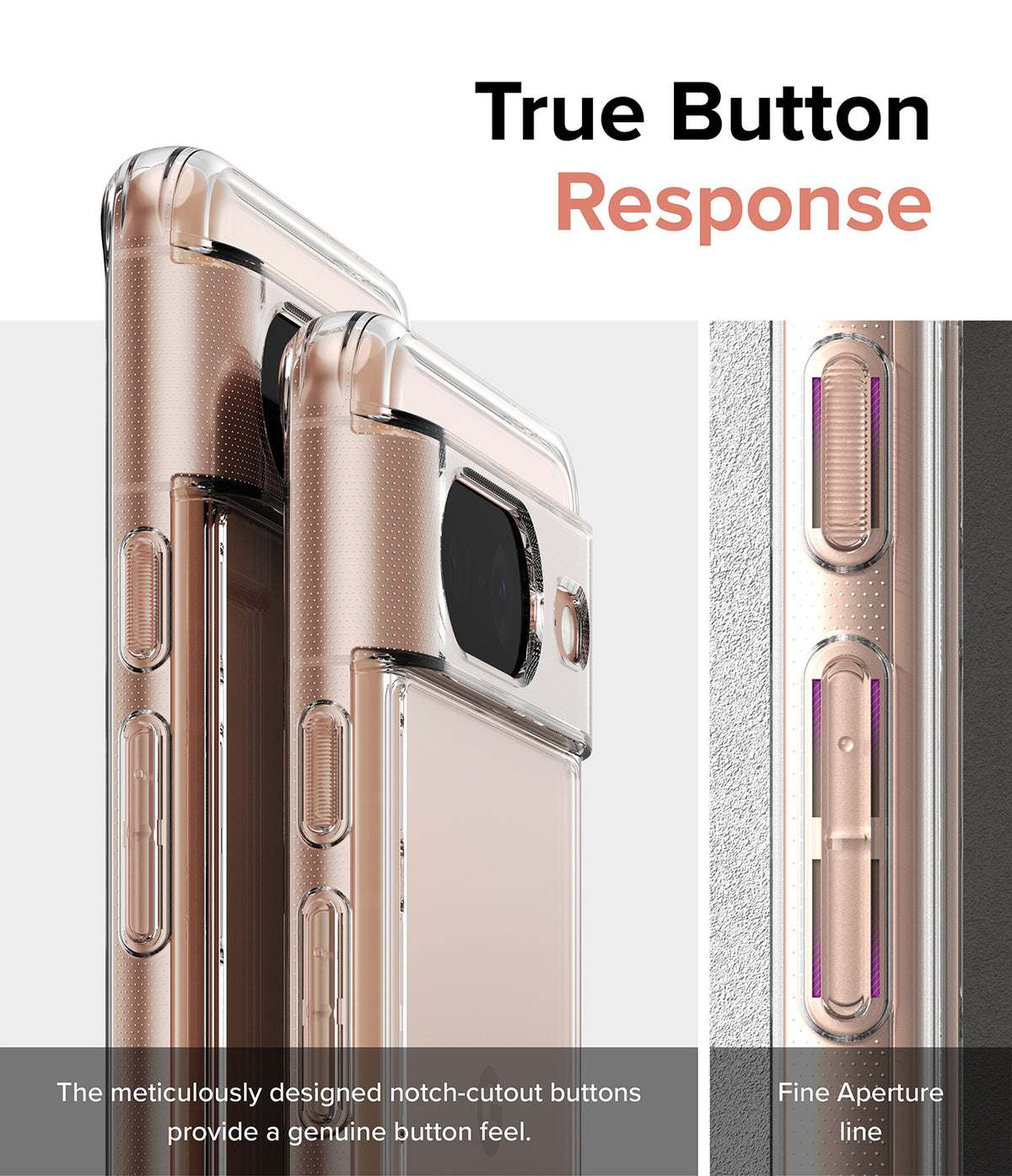 Google Pixel 8 Case | Fusion - Close-up of clear phone case buttons with precise cutouts for tactile response and fine aperture lines.