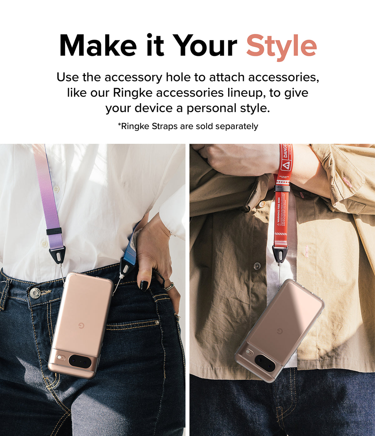 Google Pixel 8 Case | Fusion - Two people wearing phones in clear cases attached to colorful lanyards around their necks.