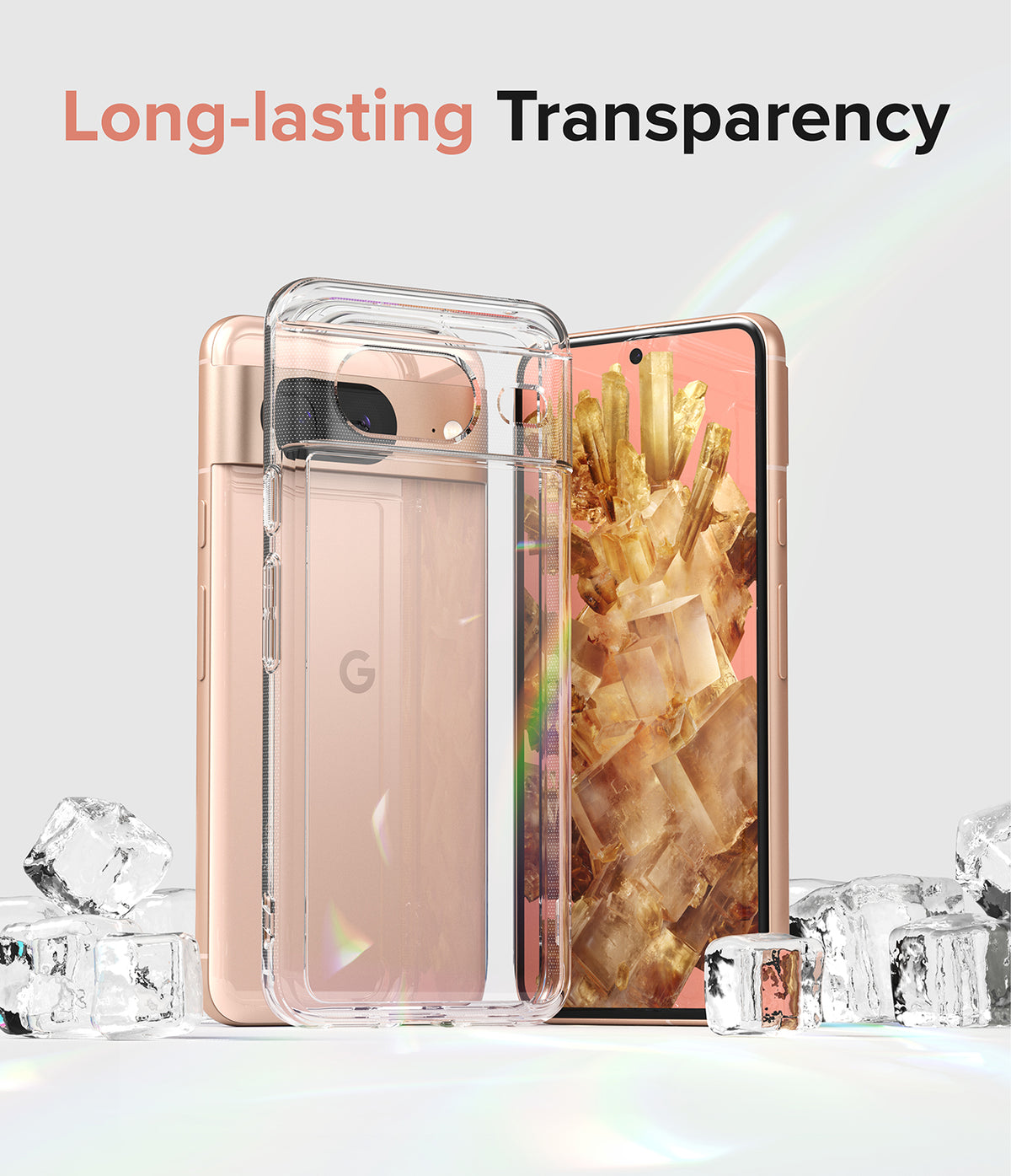 Google Pixel 8 Case | Fusion - Clear protective case on a rose gold phone surrounded by ice cubes with Long-lasting Transparency text.