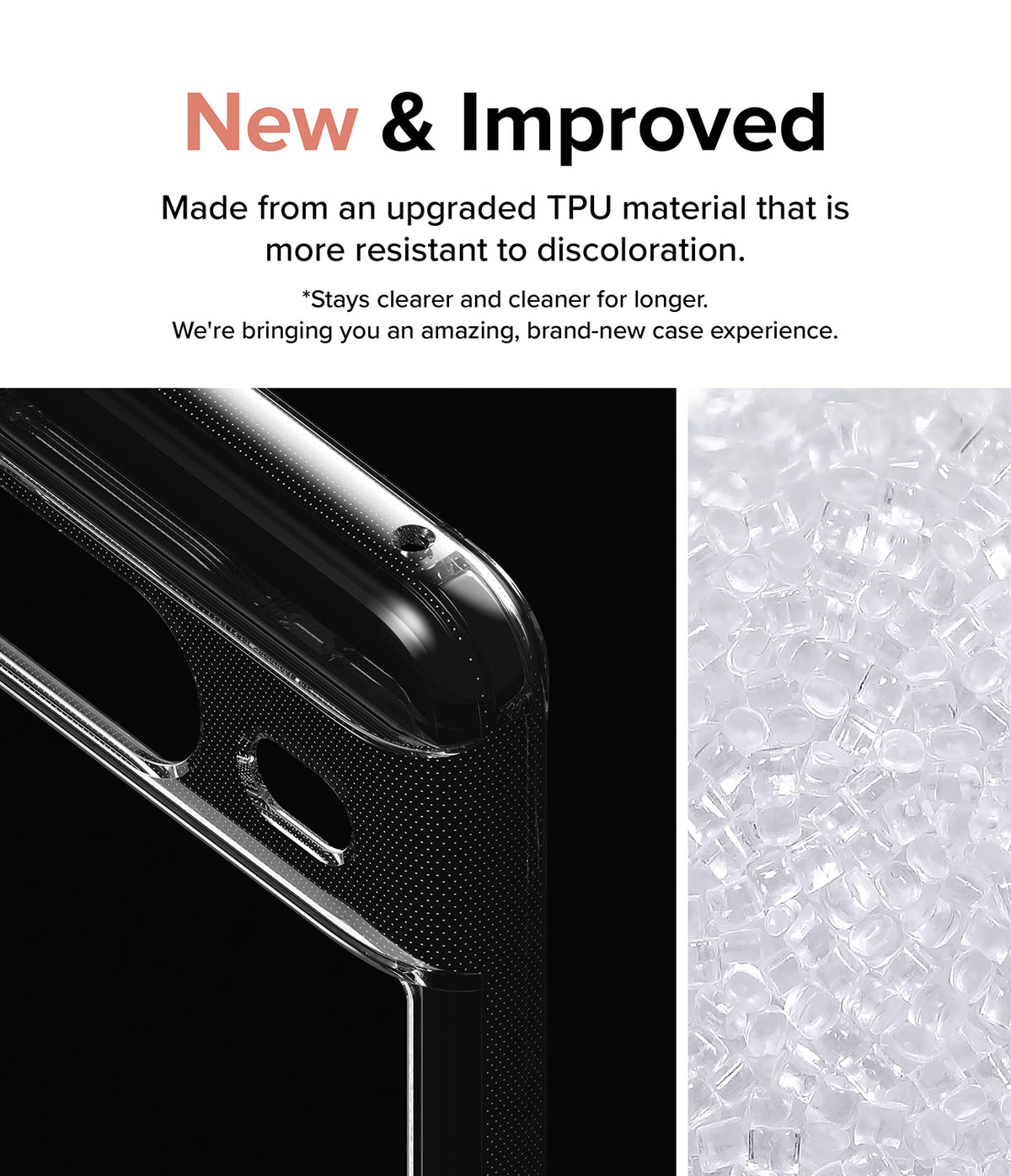 Google Pixel 8 Case | Fusion - Clear phone case corner detail next to a pile of raw, transparent TPU plastic pellets.