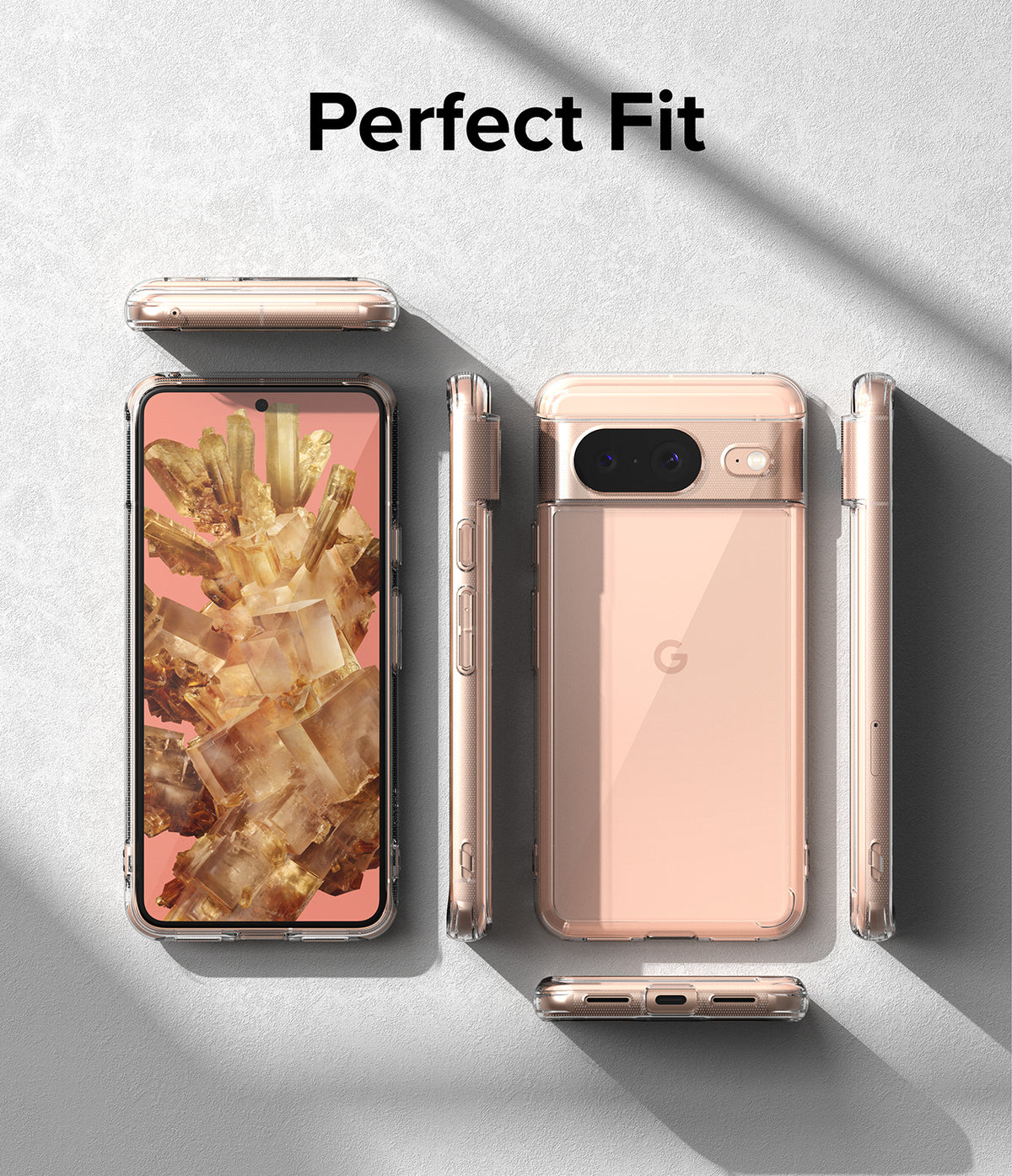 Google Pixel 8 Case | Fusion - Clear protective case shown from multiple angles on a rose-gold phone against a gray background.