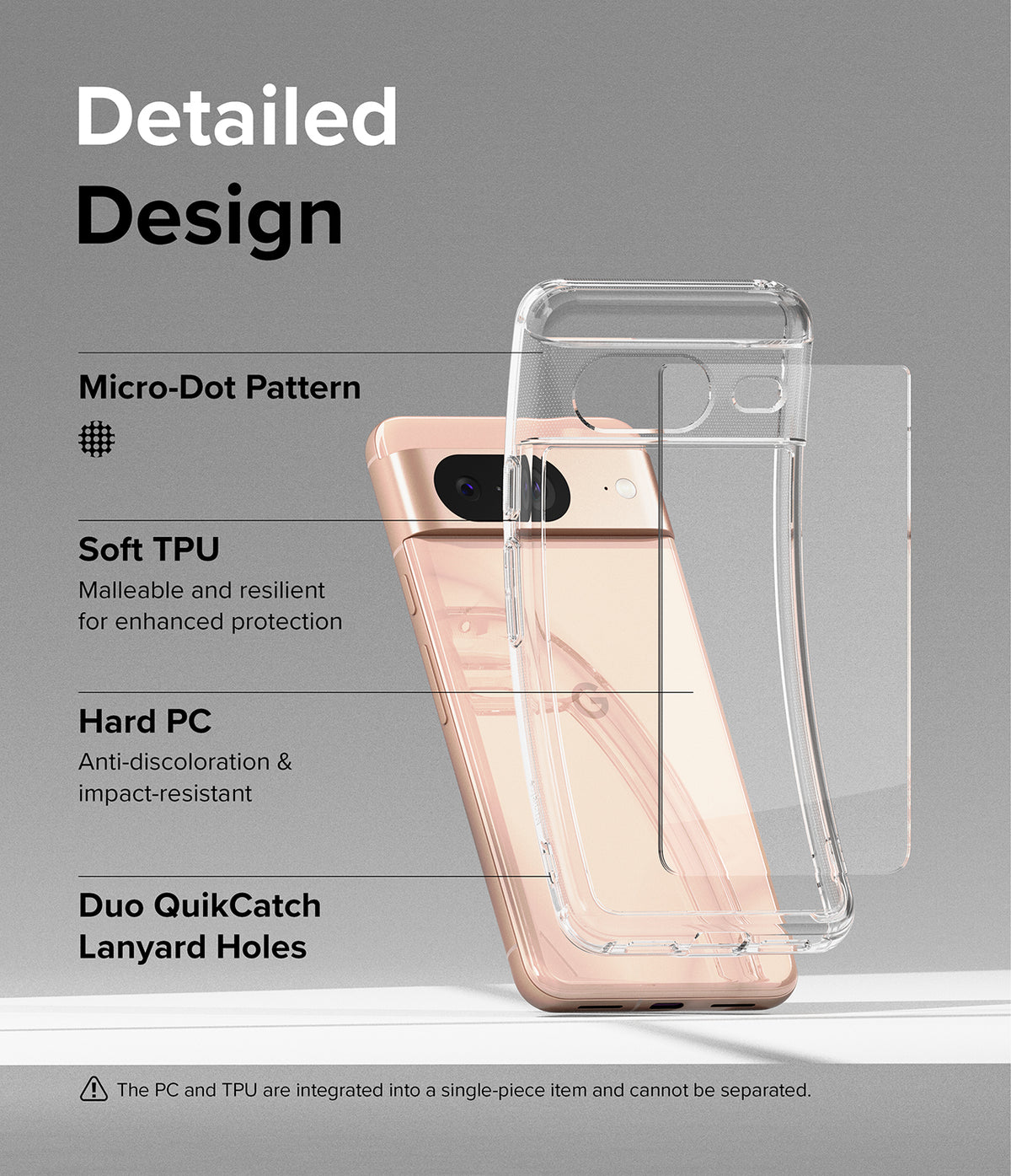Google Pixel 8 Case | Fusion - Exploded view of a clear phone case highlighting TPU, PC materials, and lanyard holes.