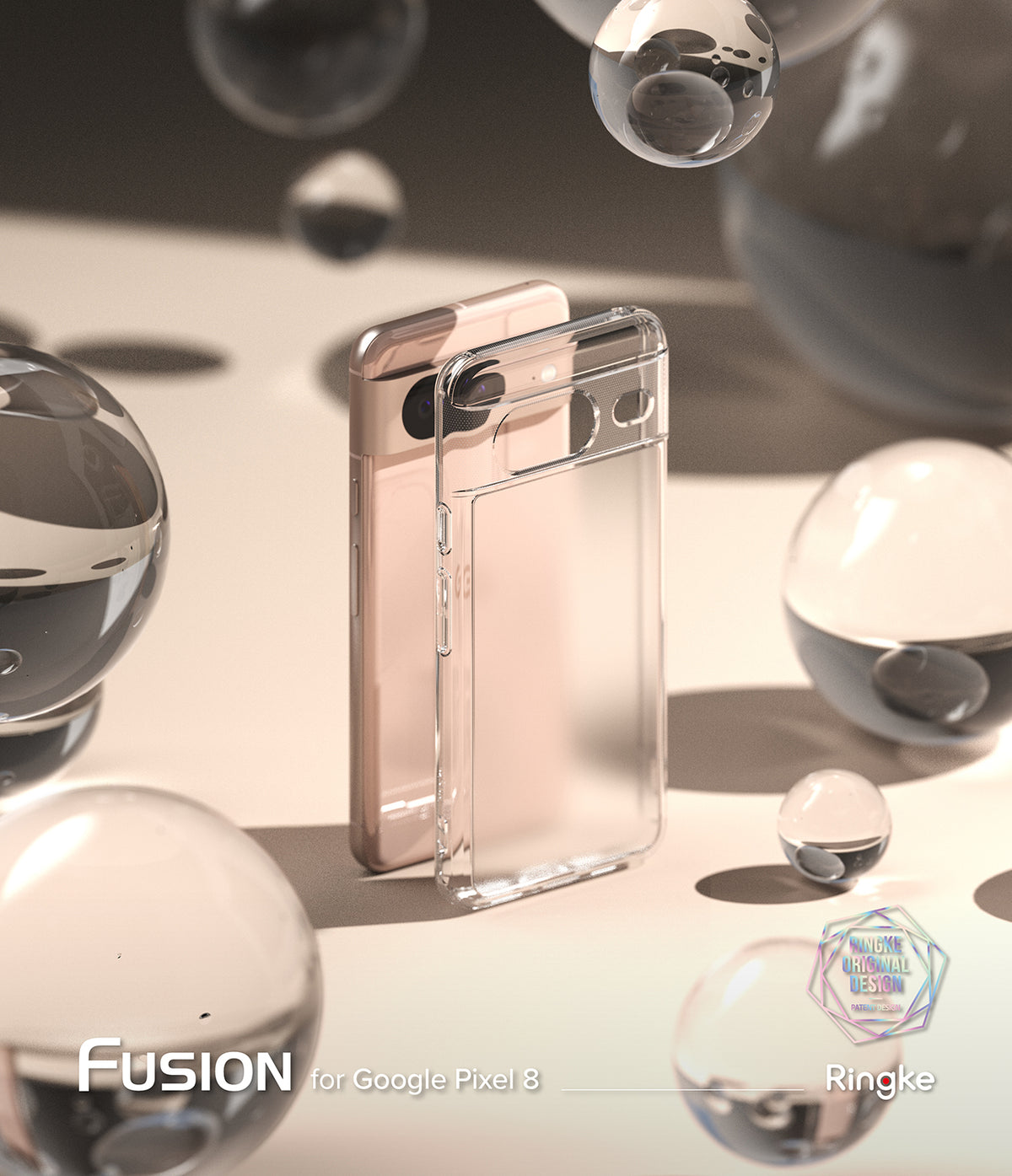 Google Pixel 8 Case | Fusion Matte - A rose gold phone stands behind a clear matte protective case amidst floating glass spheres.