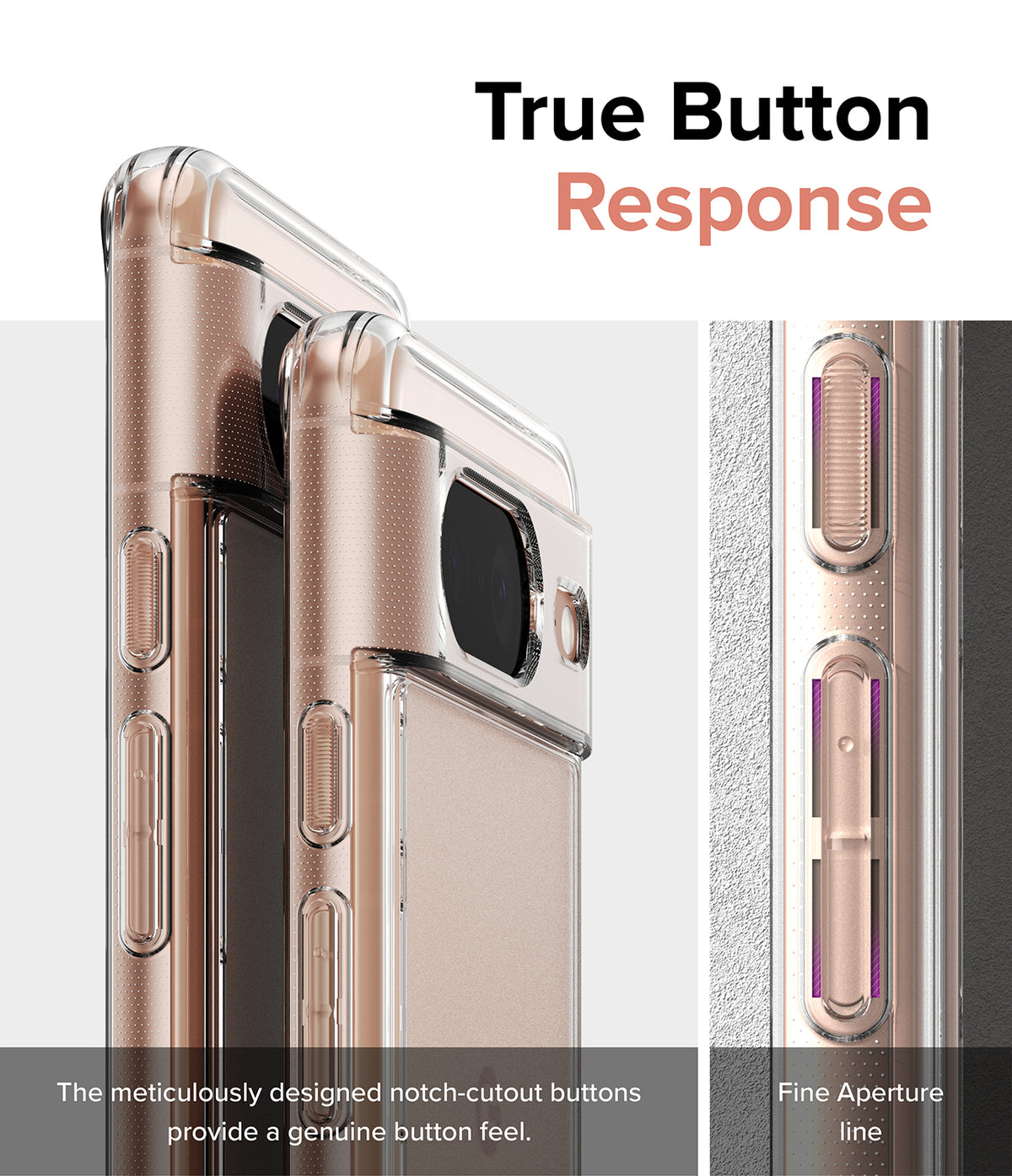 Google Pixel 8 Case | Fusion Matte - Close-up of phone case buttons with notch-cutouts for tactile response and fine aperture lines.