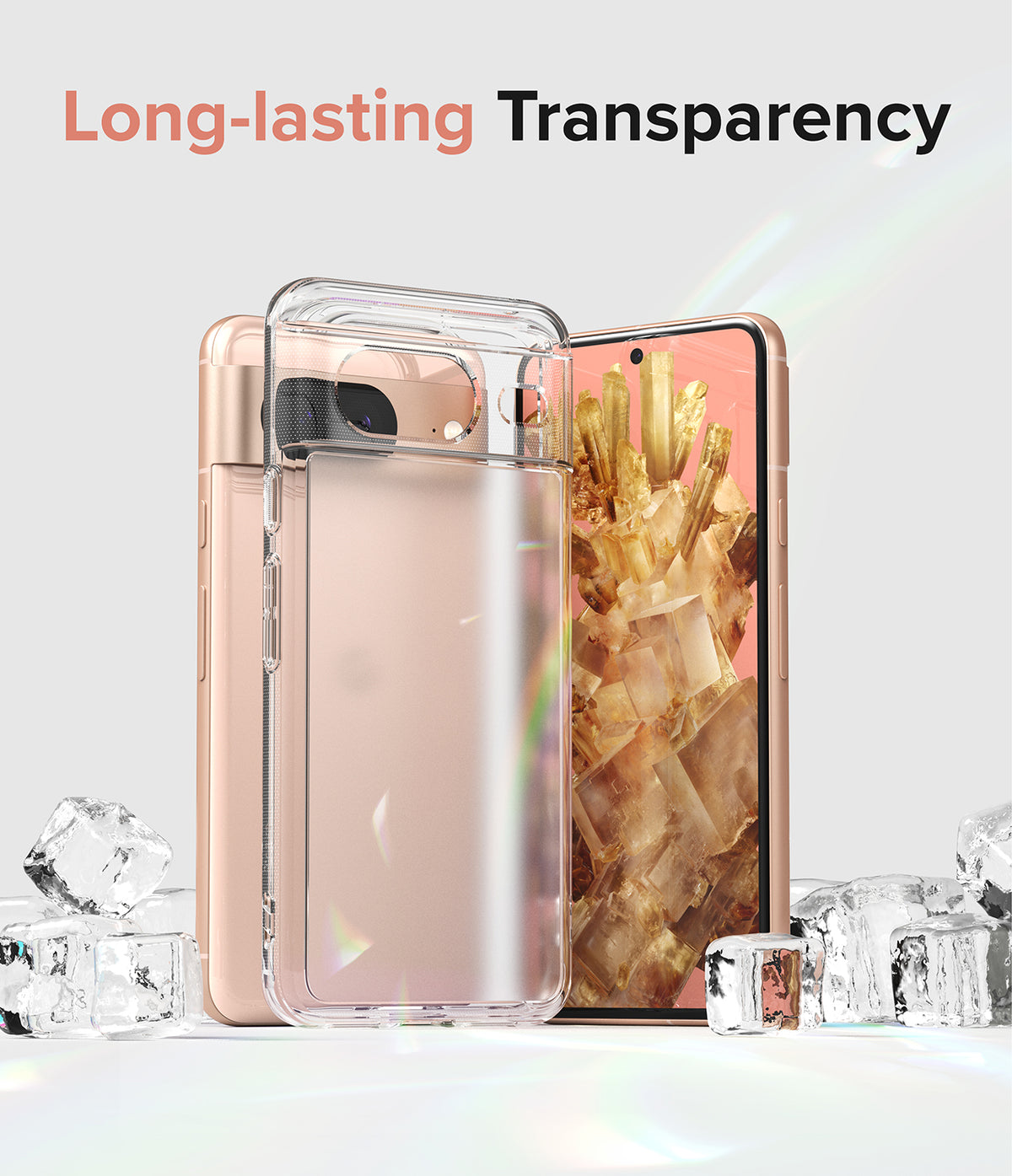 Google Pixel 8 Case | Fusion Matte - Clear phone case on a rose gold Pixel 8 surrounded by ice cubes against a light background.