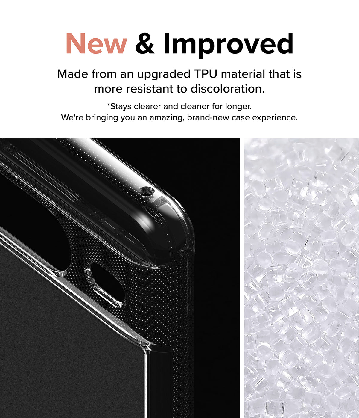Google Pixel 8 Case | Fusion Matte - Close-up of a clear phone case corner next to a pile of raw TPU plastic pellets.