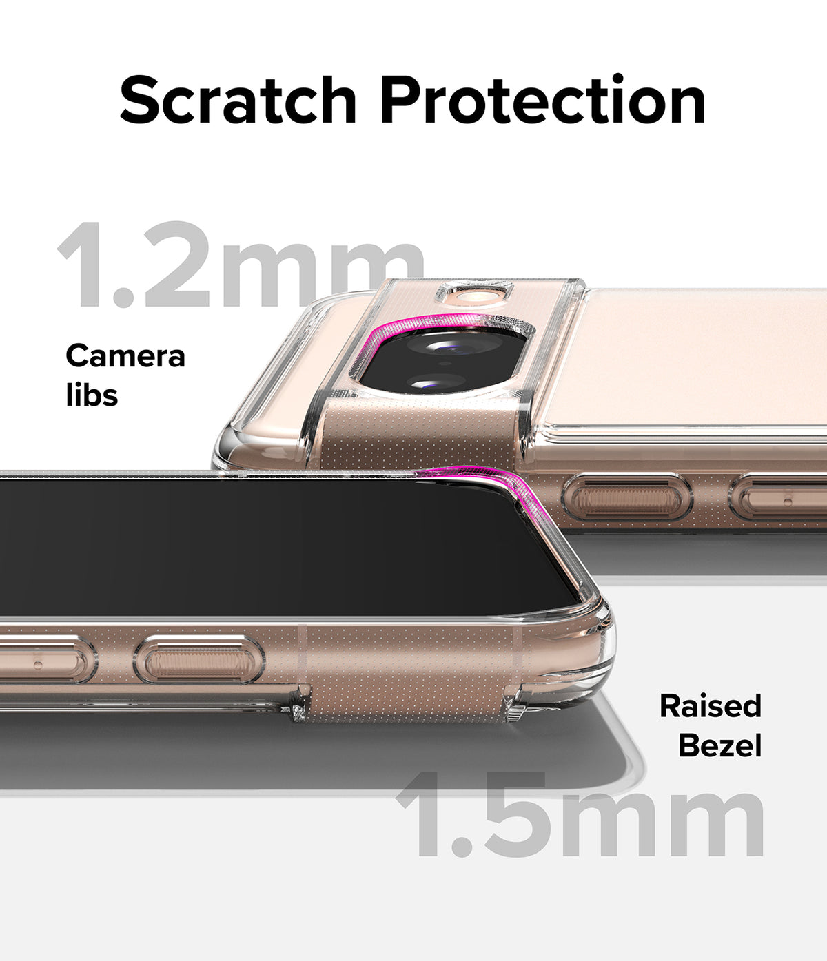 Google Pixel 8 Case | Fusion Matte - Close-up of phone case showing 1.2mm camera lip and 1.5mm raised screen bezel for protection.