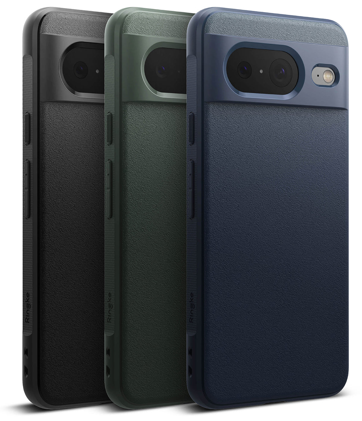 Google Pixel 8 Case | Onyx - Three textured Google Pixel 8 cases in black, green, and navy blue arranged side-by-side.